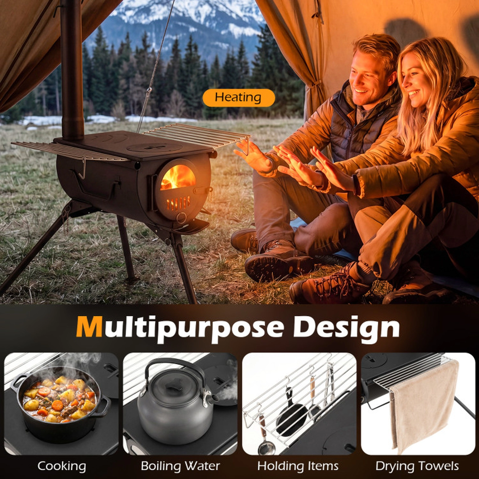 SUGIFT Foldable Wood-Burning Hot Tent Stove, Carbon Steel, 5 Chimney Pipes, Viewing Window