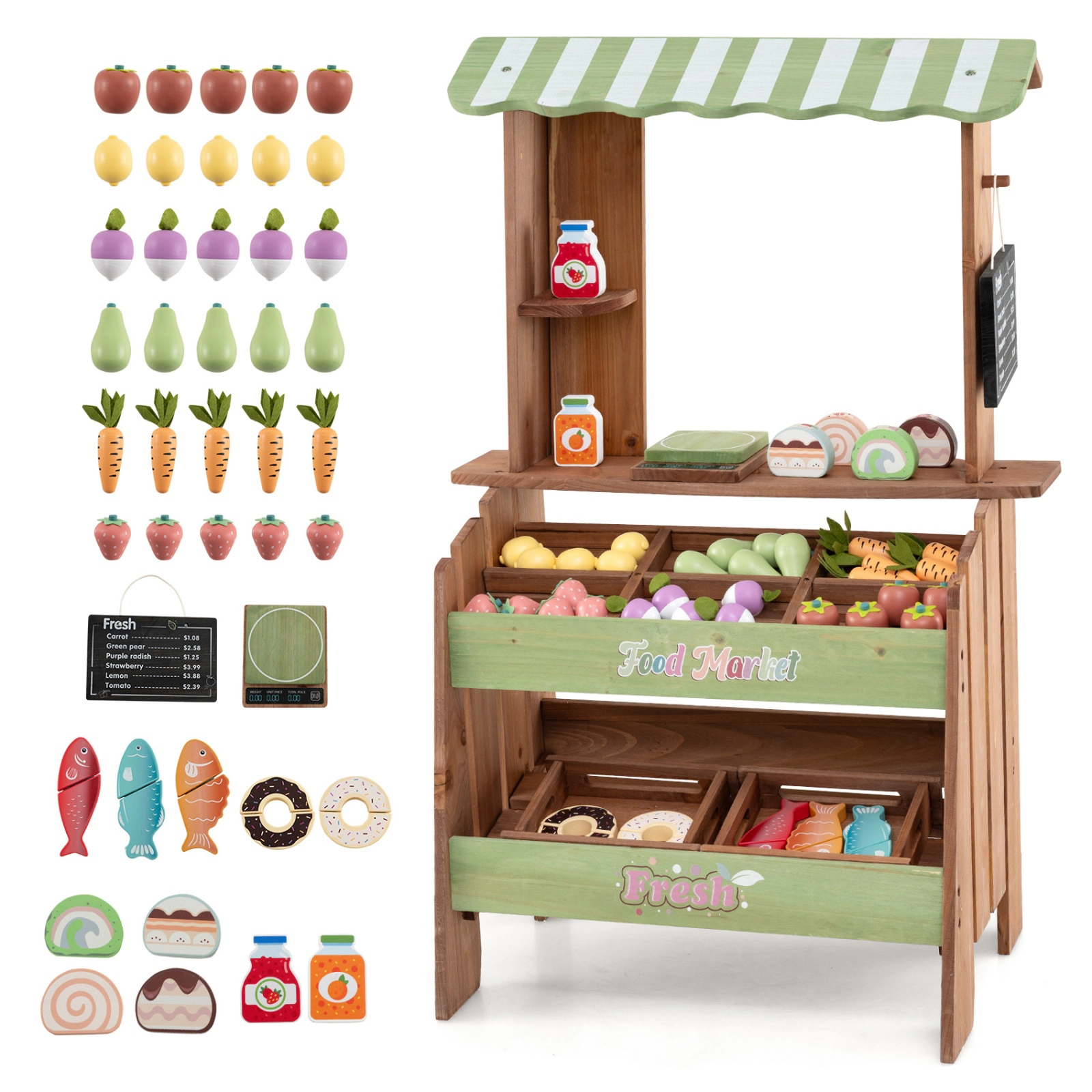 SUGIFT Chalkboard and 43 Accessories Kids Wooden Grocery Store Playset