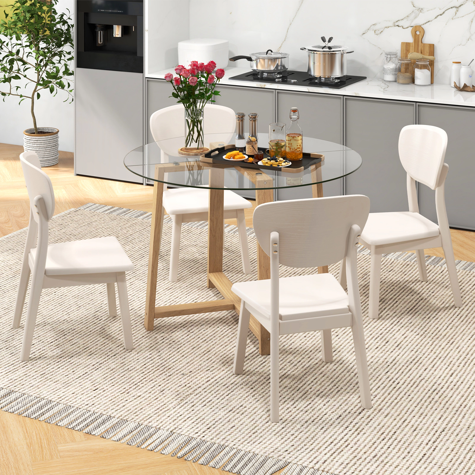 LJG 42 Inches Round Glass Dining Table with Tempered Glass Tabletop and Rubber Wood Legs