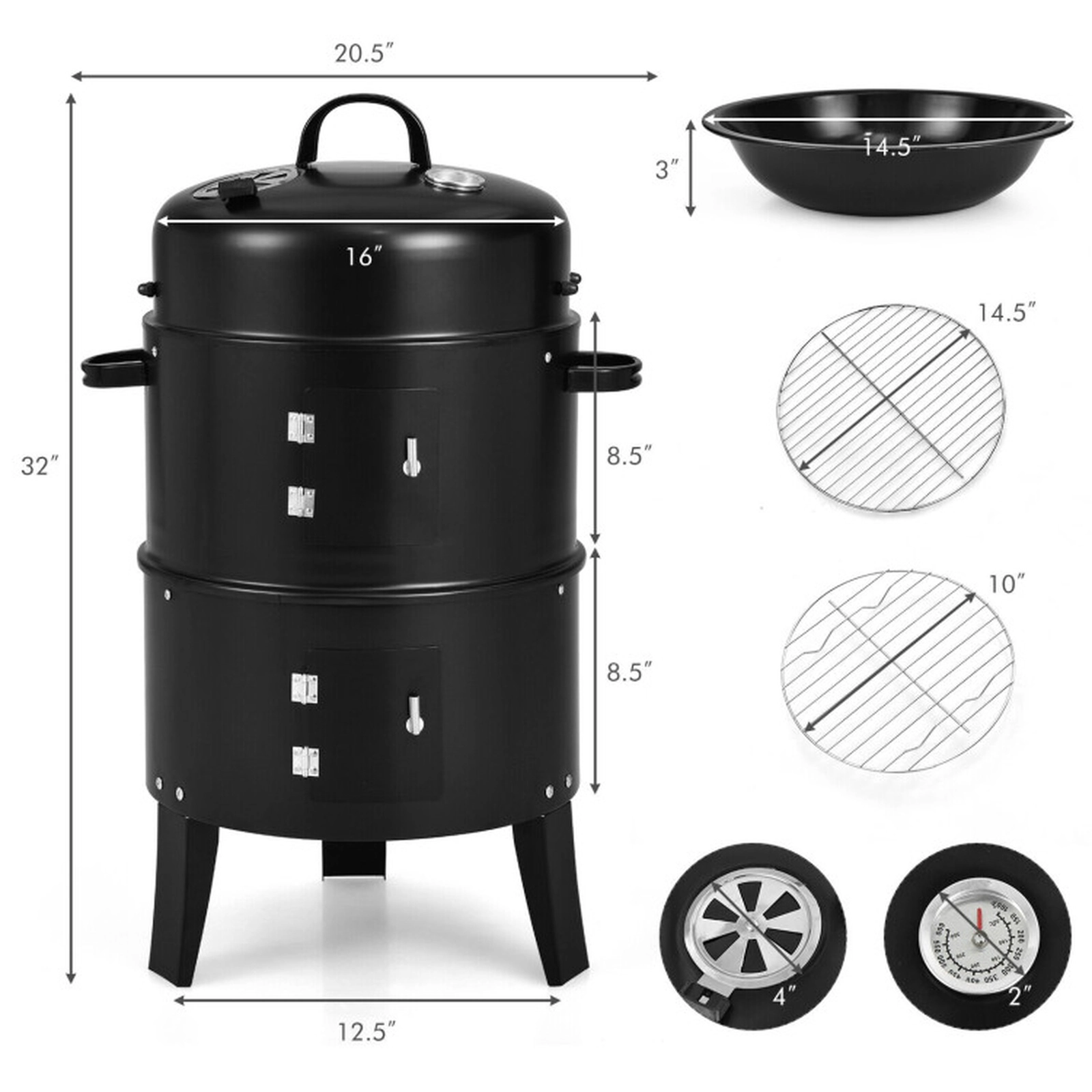 SUGIFT 3-in-1 Vertical Charcoal BBQ Grill Smoker and Fire Pit with Built-in Thermometer Black