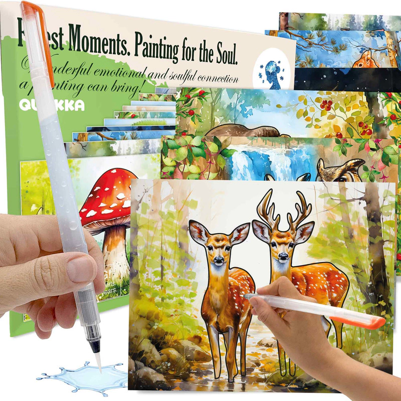 QUOKKA Dementia-Friendly Water Painting Kit for Seniors, Reusable Coloring Activity with 10 Pictures