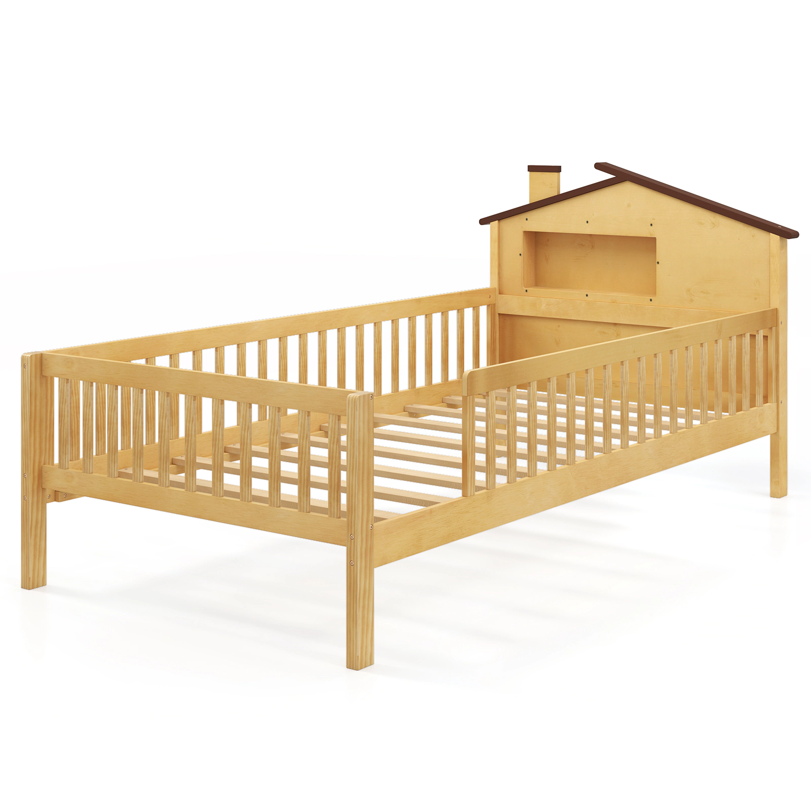 SUGIFT House-Shaped Headboard Twin Size Montessori Bed Frame with Built-in Storage Shelf 440-lb Capacity Natural/White