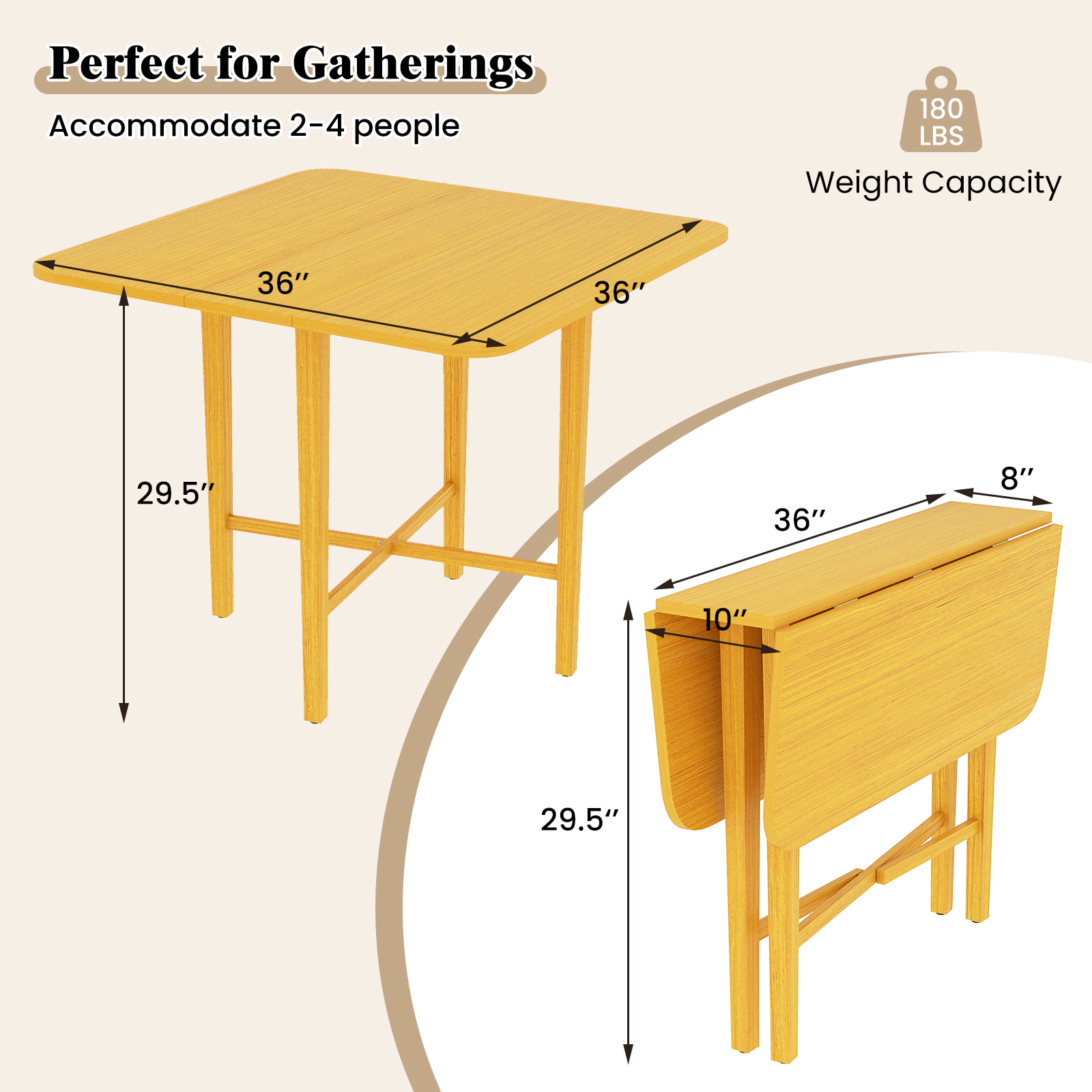 SUGIFT Foldable Drop Leaf Dining Table for 2-4 People 180-lb Capacity Rubber Wood Legs Natural/Walnut