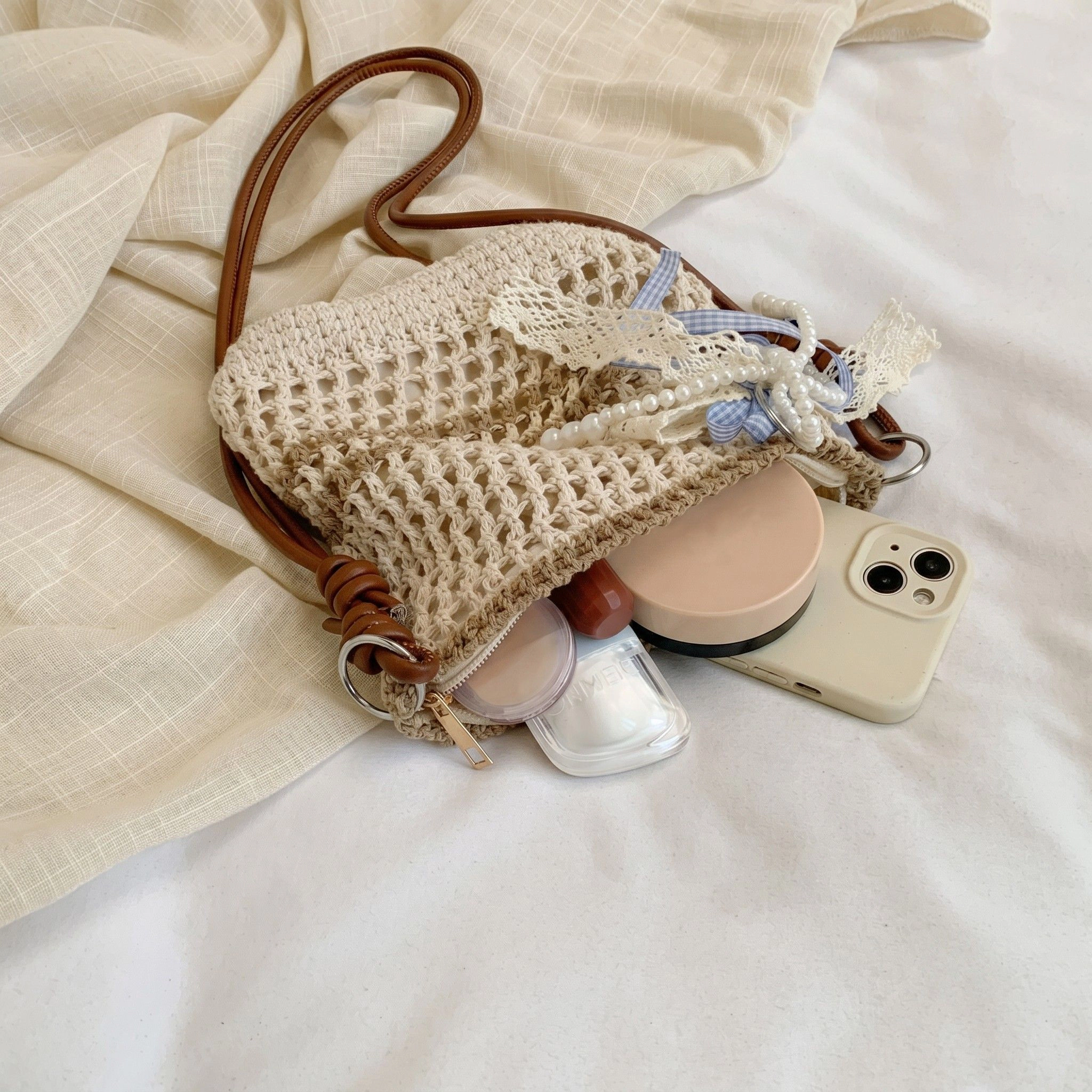 Alilang Women's Decorative Woven Crossbody Bag with Pearl Charm, Scarf Accent and Zip Closure, Khaki