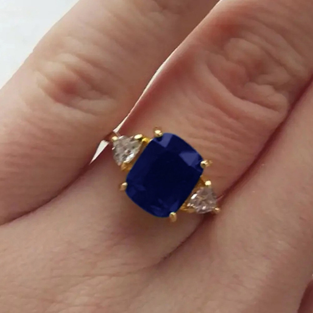 Cushion Cut Multi‑Color Cubic Zirconia Three‑Stone Ring Gold‑Tone Solitaire Engagement