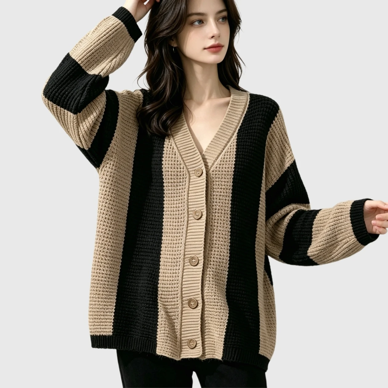 YesFashion Women's Striped Open Front Cardigan V Neck Button Up Long Sleeve Color Block Sweaters