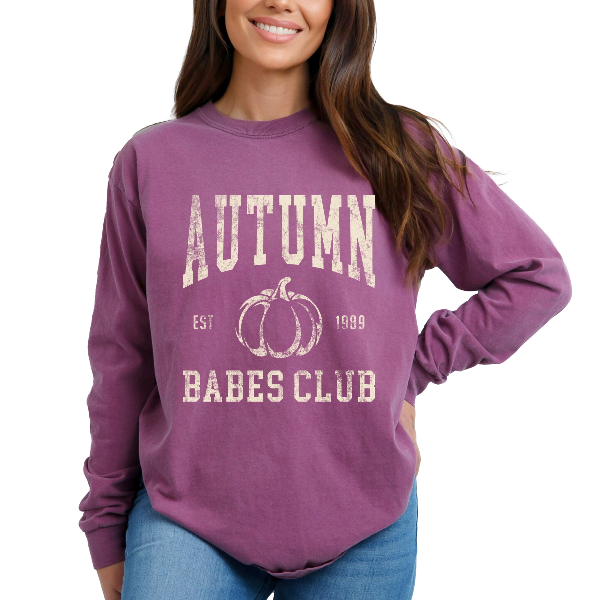 Simply Sage Market - Women's Garment Dyed Long Sleeve Graphic T-Shirt Autumn Babes Club Pumpkin