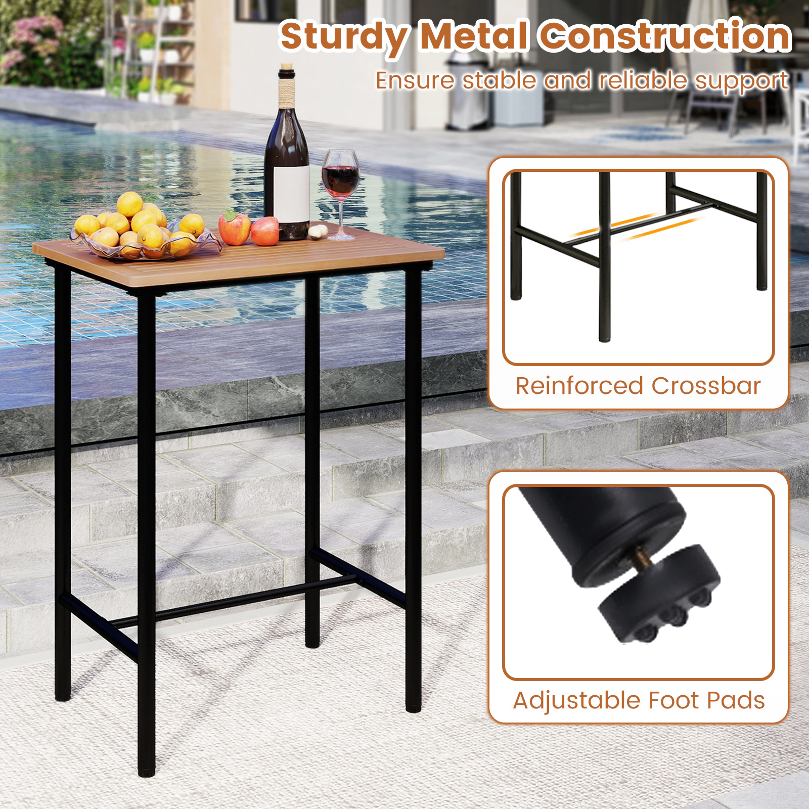 SUGIFT 3 Piece Acacia Wood Patio Bar Set Natural with Rectangular Table and 2 Stools