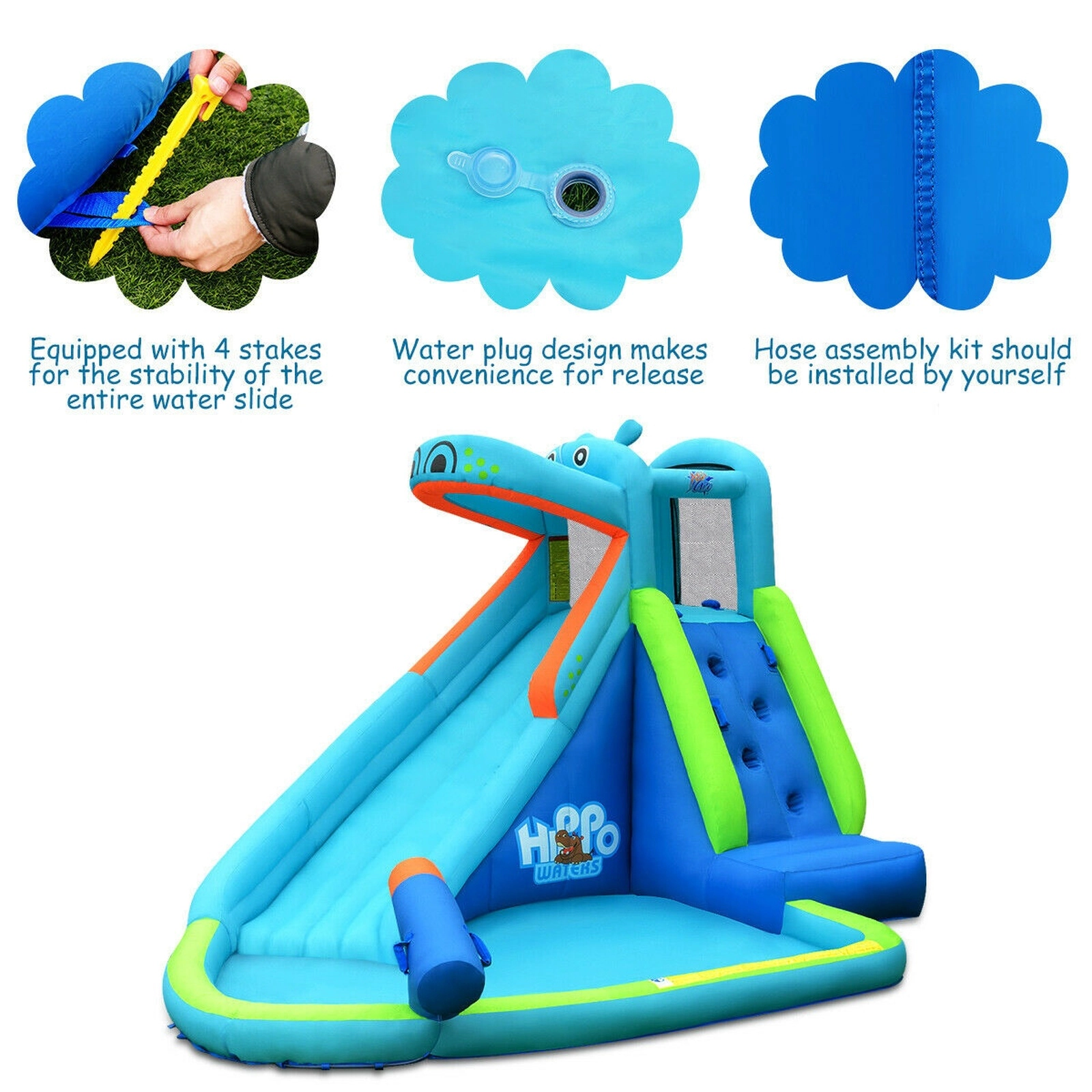 SUGIFT Blue Hippo Inflatable Water Slide Bounce House with Splash Pool Climbing Wall and 740W Blower