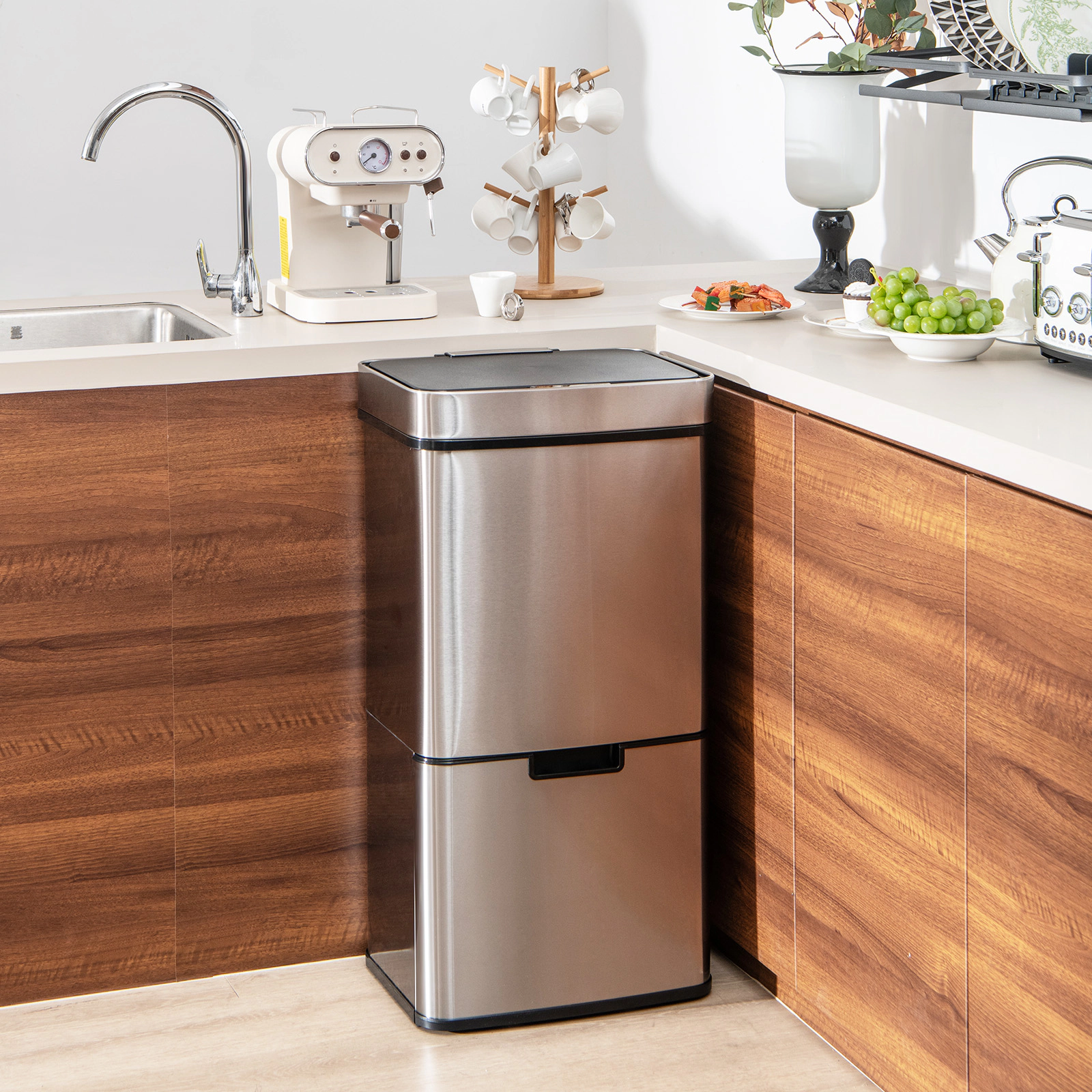 SUGIFT 19-Gal Stainless Steel Soft Close Sensor Trash Can with Detachable 1-Gal Waste Bin and 2 Recycling Bins