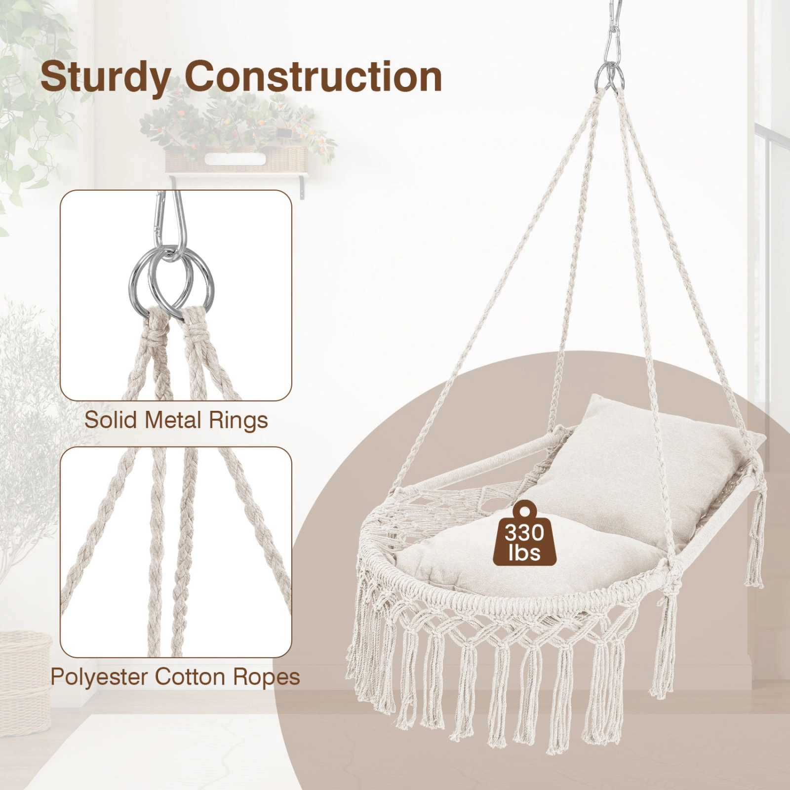 SUGIFT Macrame Swing Chair Beige Hammock Chair with 2 Removable Cushions
