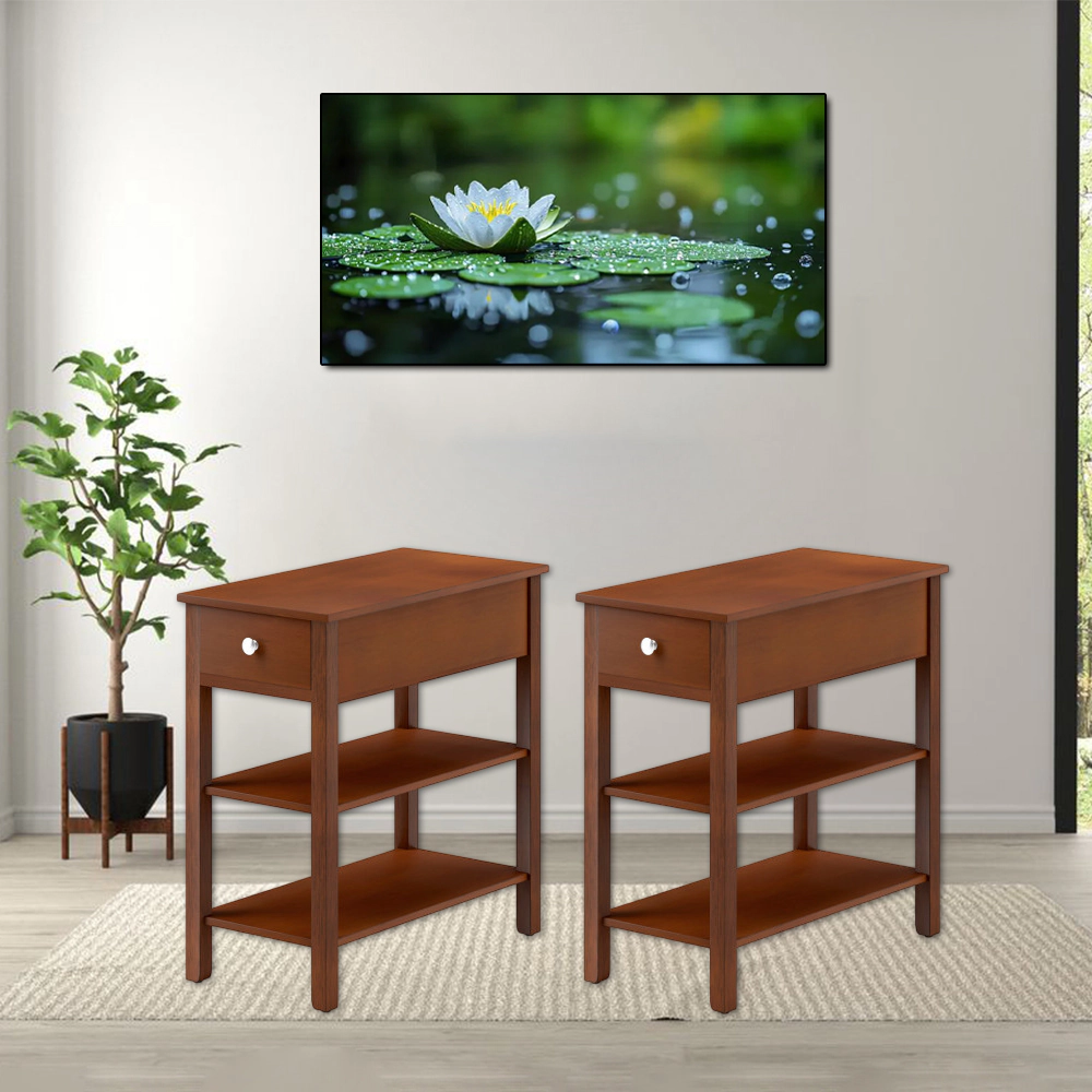 Hivvago Set of 2 Compact Three-Tier Side Tables with Drawer and Storage Compartments