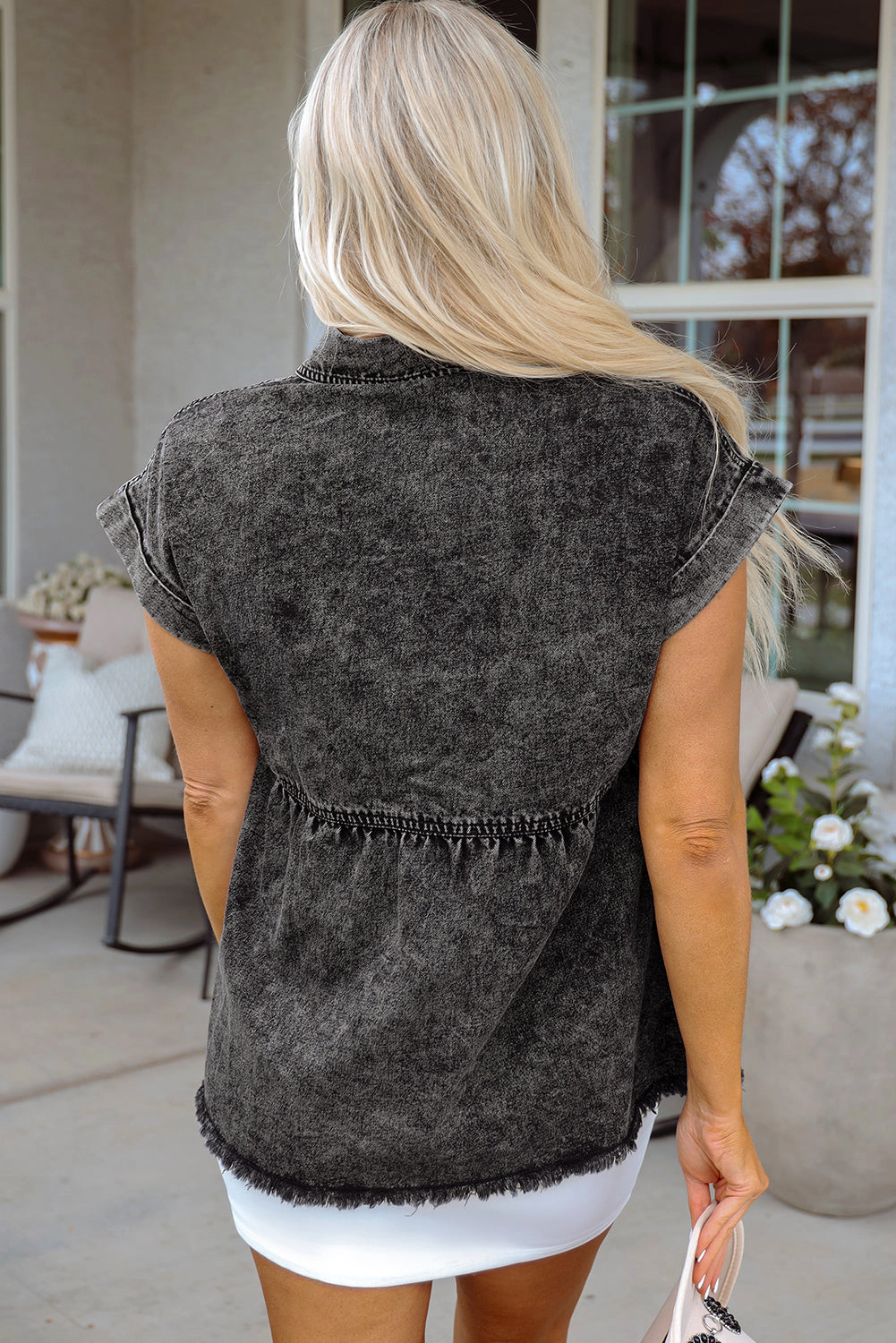 Threaded Pear Women's Chaya Flap Pocket Button Up Raw Hem Denim Shirt