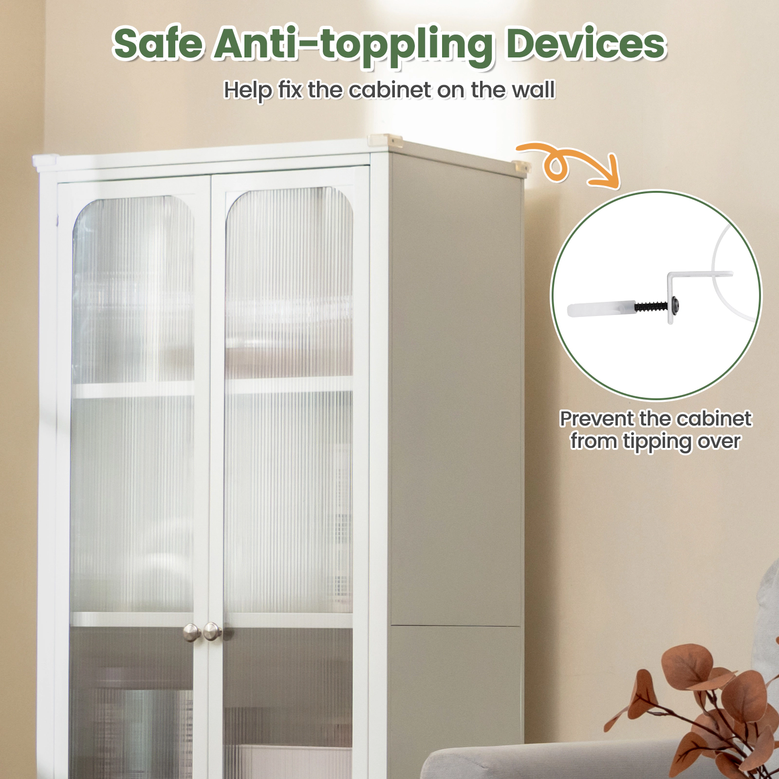 SUGIFT White Wheels and 2 Adjustable Shelves Glass Door Storage Cabinet