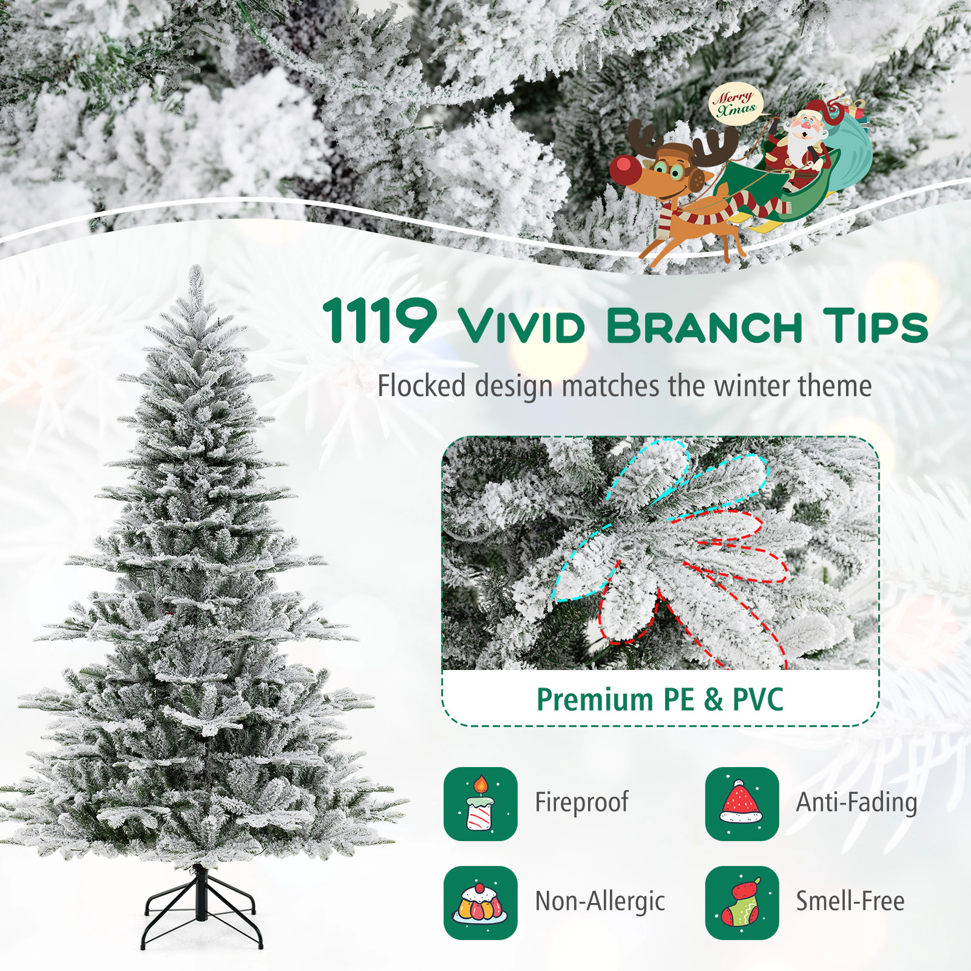 Costway 6/7/8 FT Snow Flocked Artificial Christmas Tree with 661 PVC & PE Tips 500/620/800 LED Lights