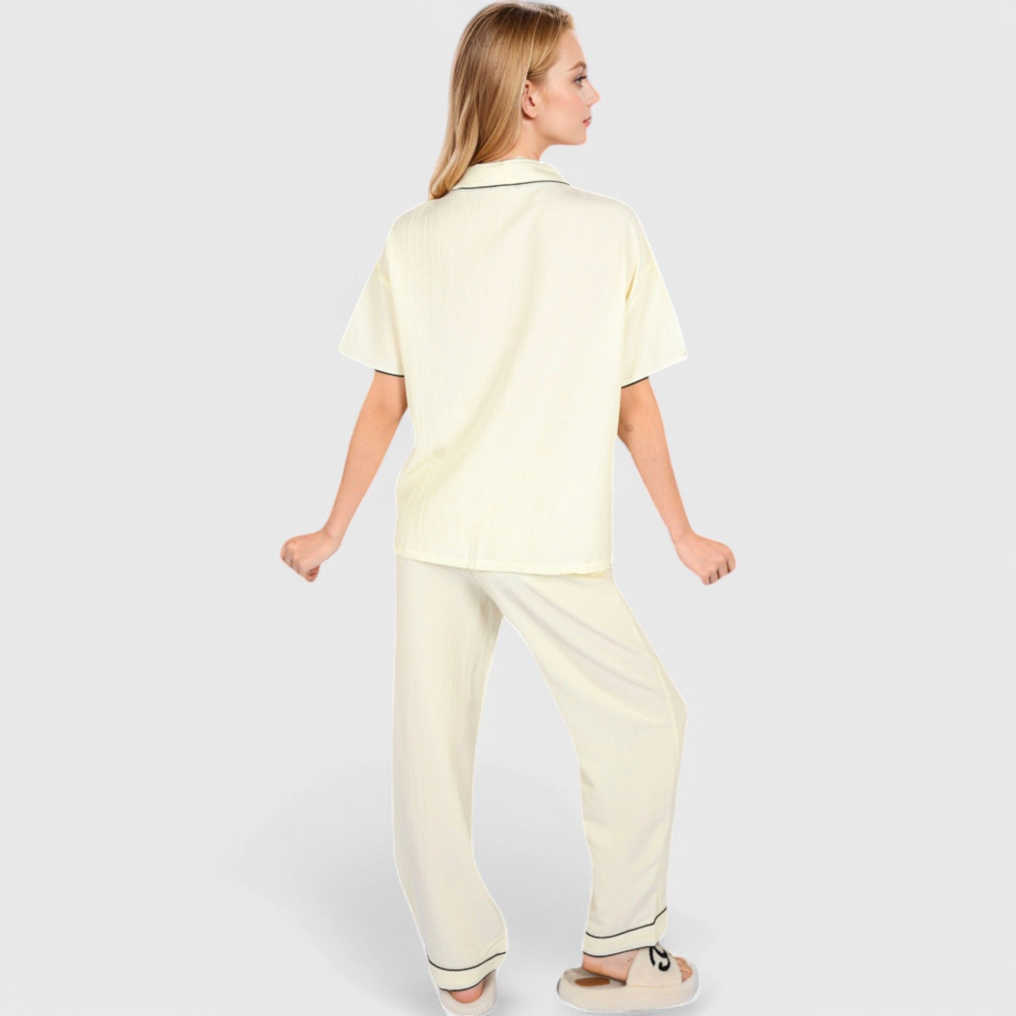 Anna-Kaci Women's Short Sleeve Button Up Pajama Set with Contrast Piping Front Pockets