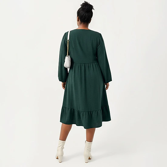 Anna-Kaci Women's Plus Size Long Sleeve Embroidered Elastic Waist Tiered Hem Midi Dress