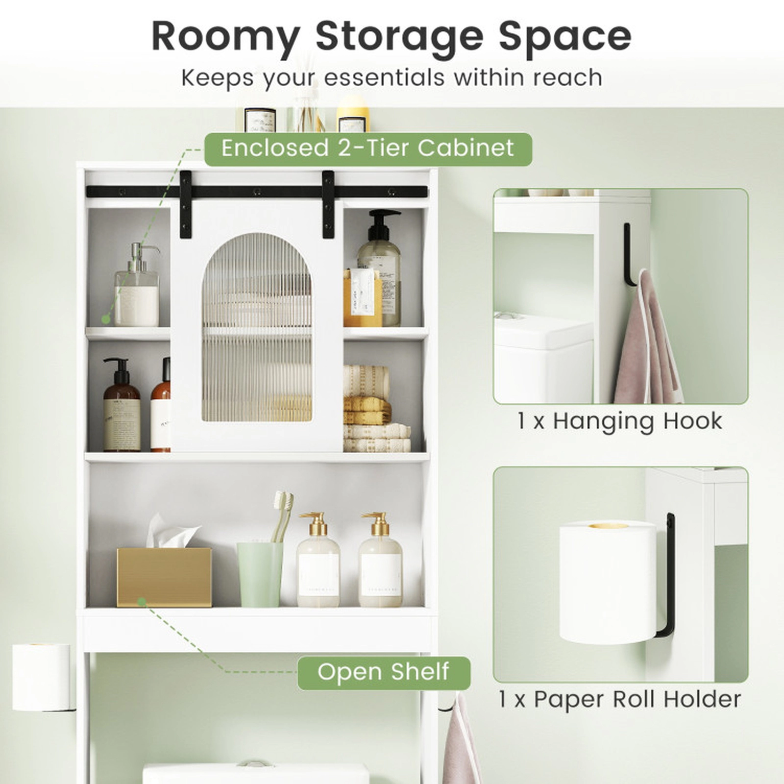 SUGIFT 67-in 44-lb Top Capacity White Over the Toilet Storage Cabinet with Sliding Barn Door and Hooks