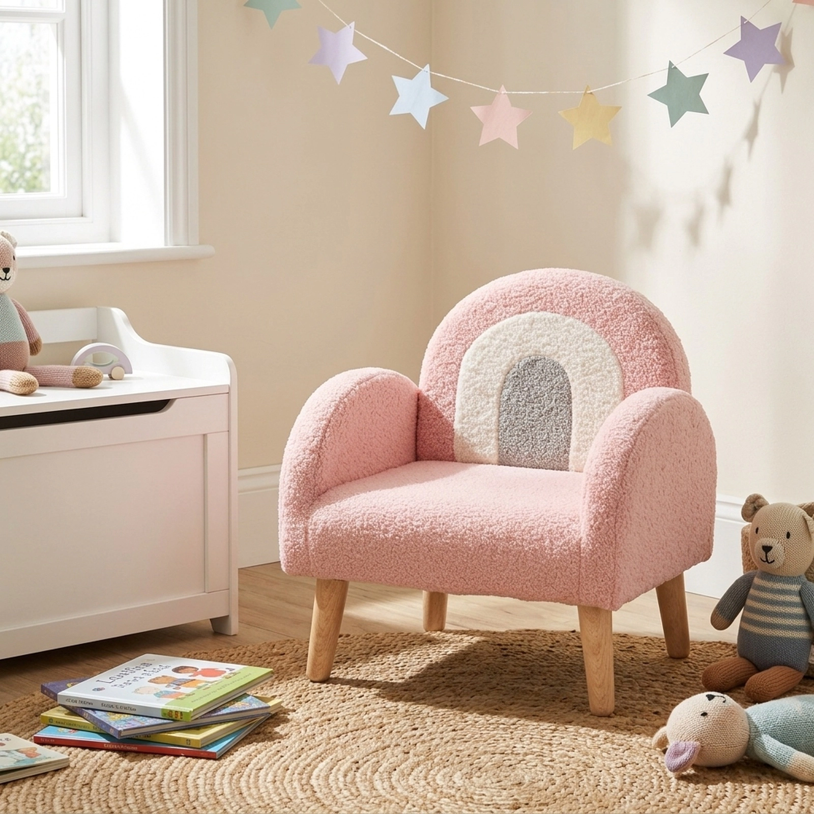 SUGIFT Pink Toddler Armchair with Teddy Fleece, Padded Arms and Wood-Like Legs