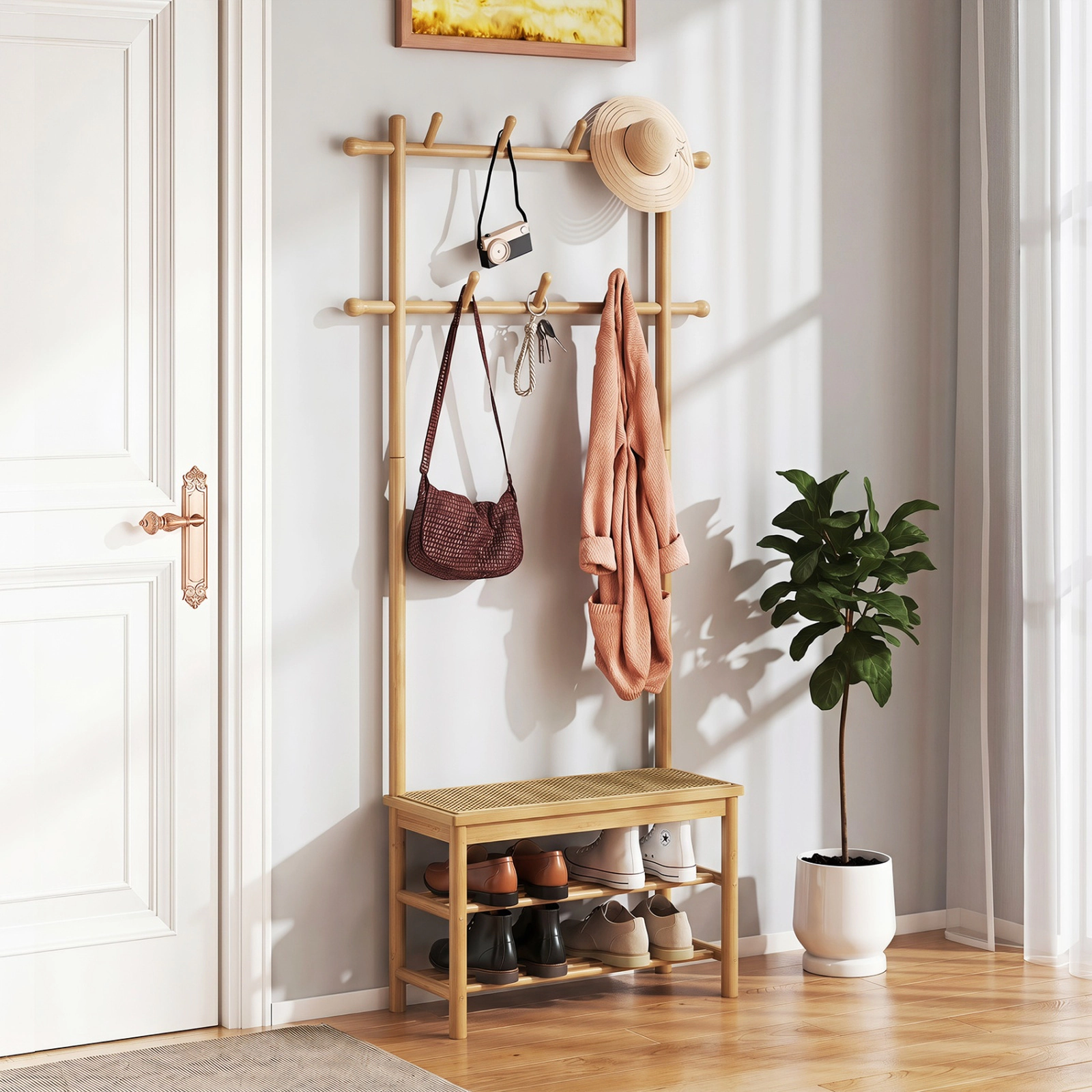 SUGIFT Bamboo Hall Tree Natural 3-in-1 Entryway Bench with PE Rattan Shoe Storage