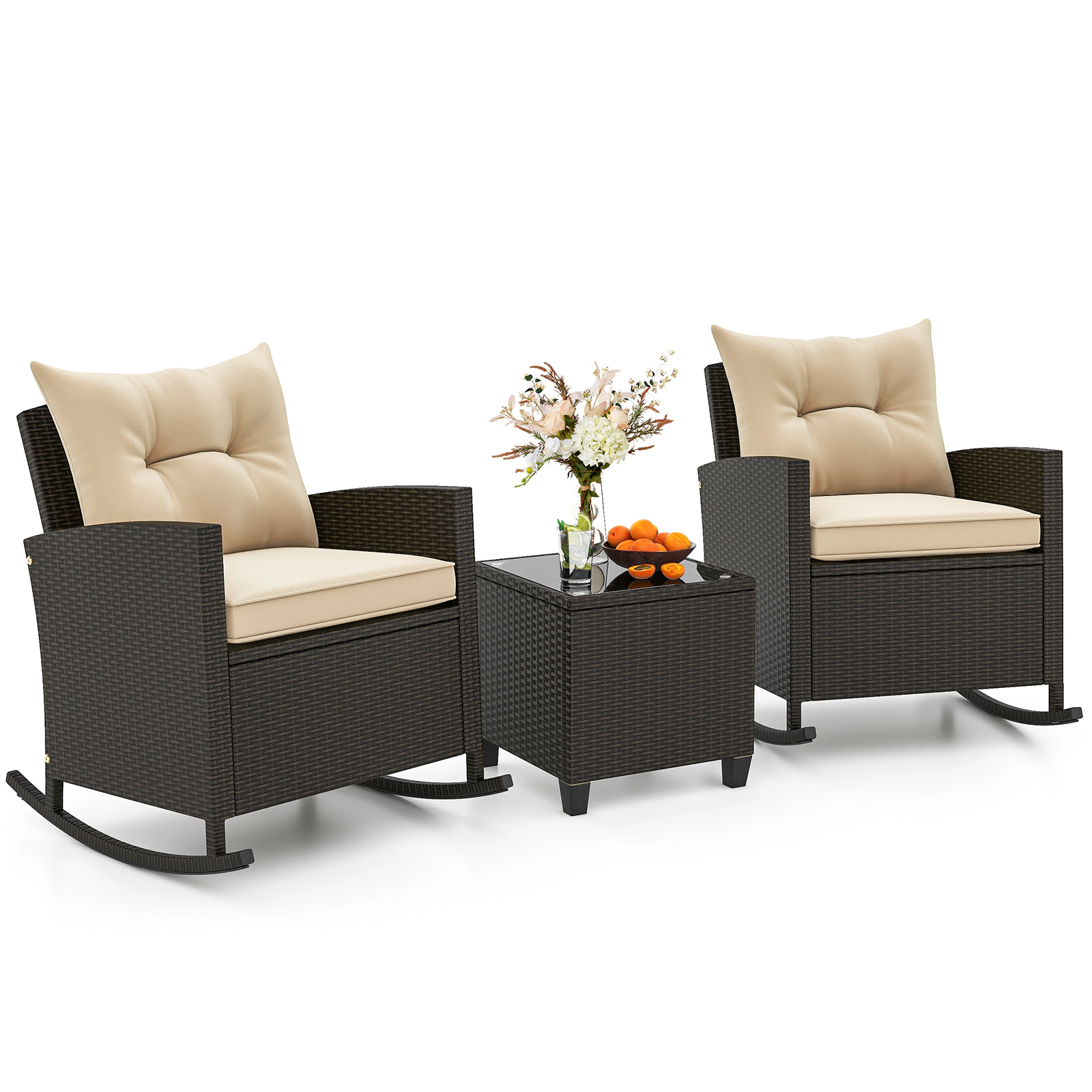 SUGIFT 3-Piece Mix Brown Outdoor Wicker Rocking Chair Set with Glass Table and Cushions