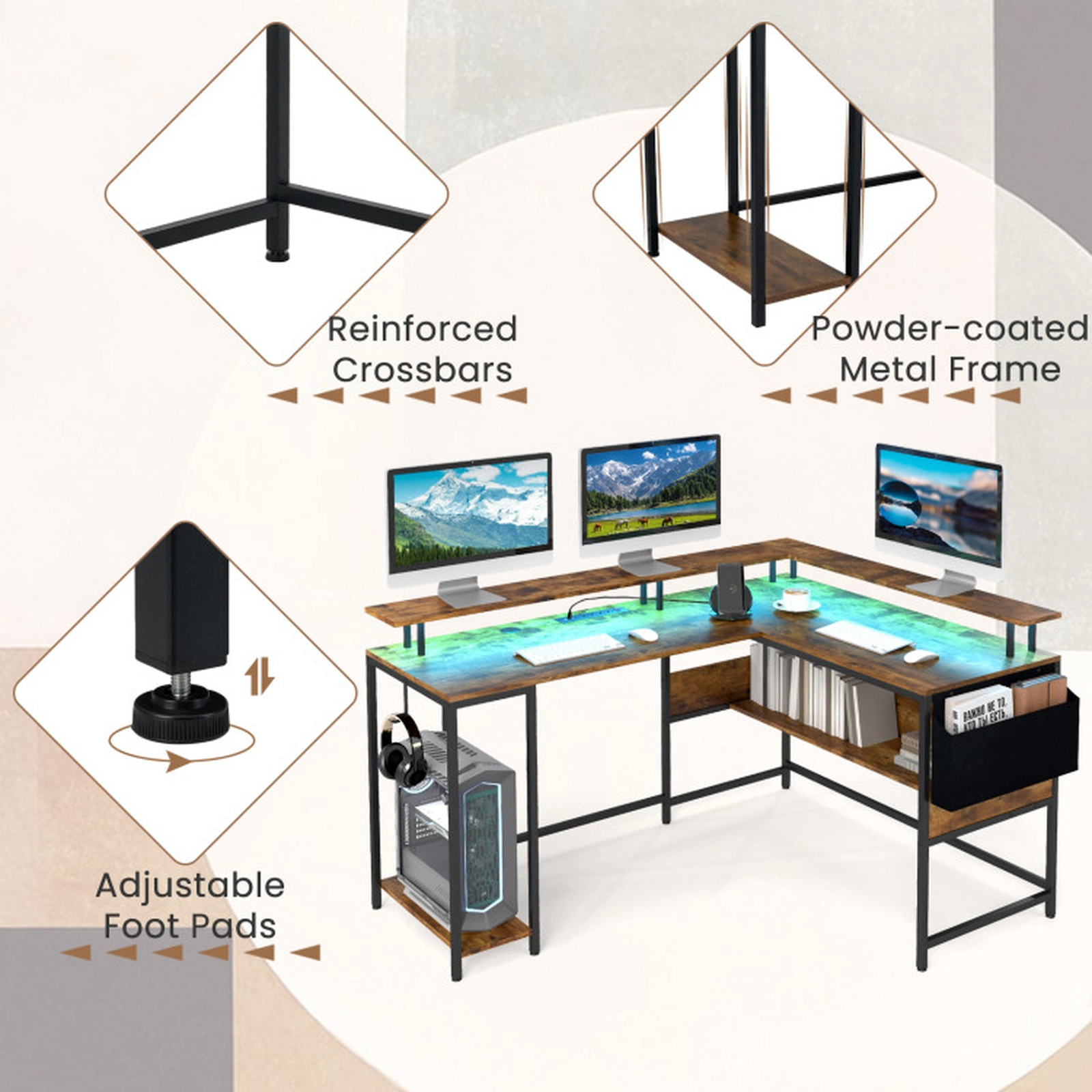 SUGIFT L-Shaped Gaming Desk with LED Lights and Power Outlets 200-lb Tabletop Capacity Home Office Computer Desk Brown &