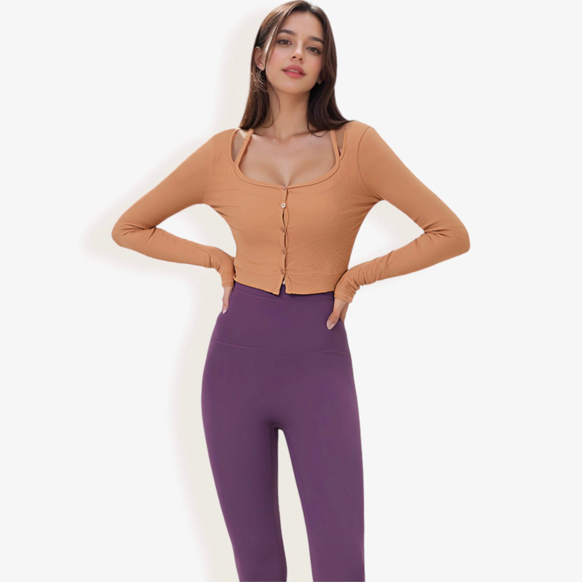 Anna-Kaci Women's Button-Up Long Sleeve Crop Top with Scoop Neck and Thumbhole Cuffs for Workout Wear