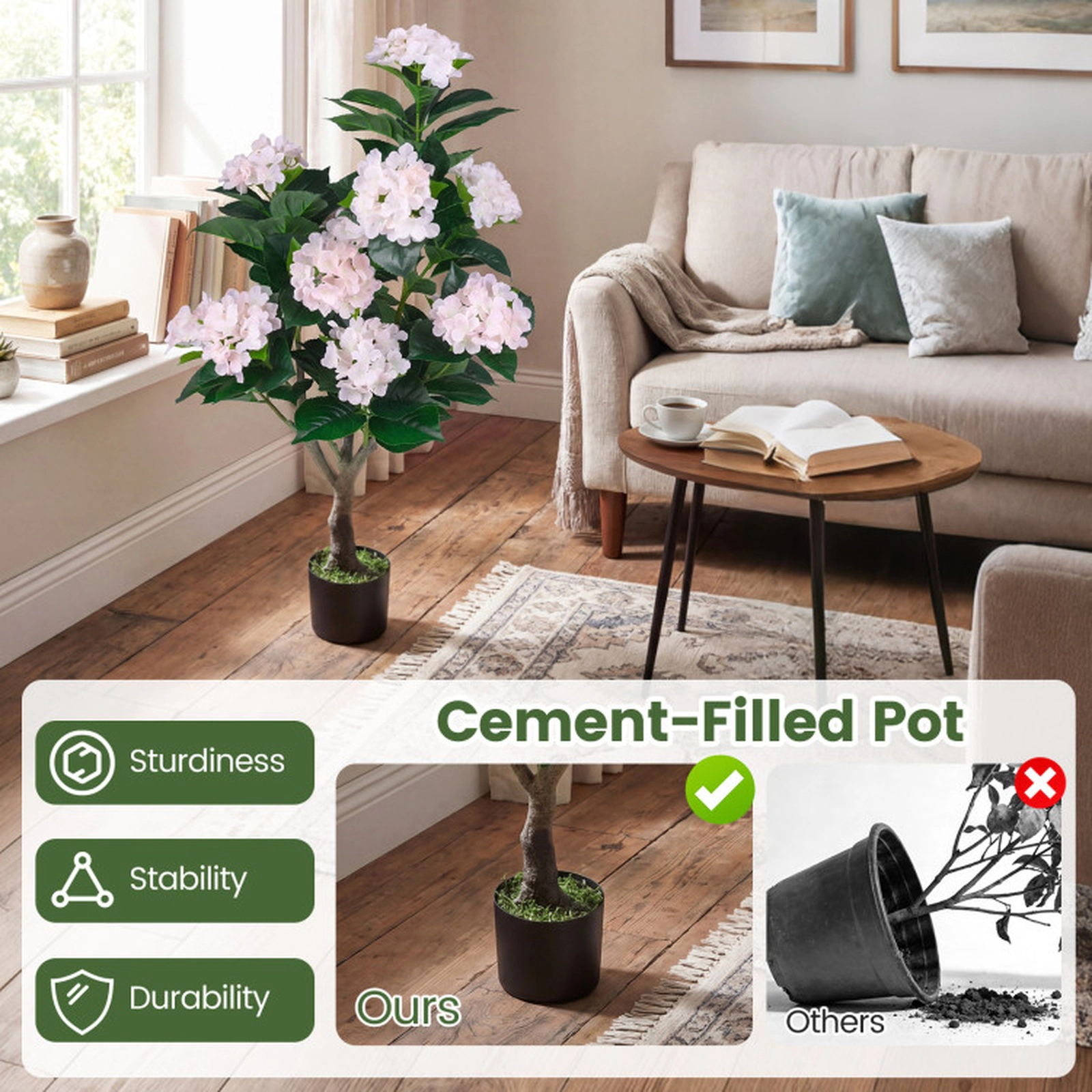 SUGIFT 43.5-in Artificial Hydrangea Tree 2-Pack with 11 Flowers and Cement-Filled Pots Pink