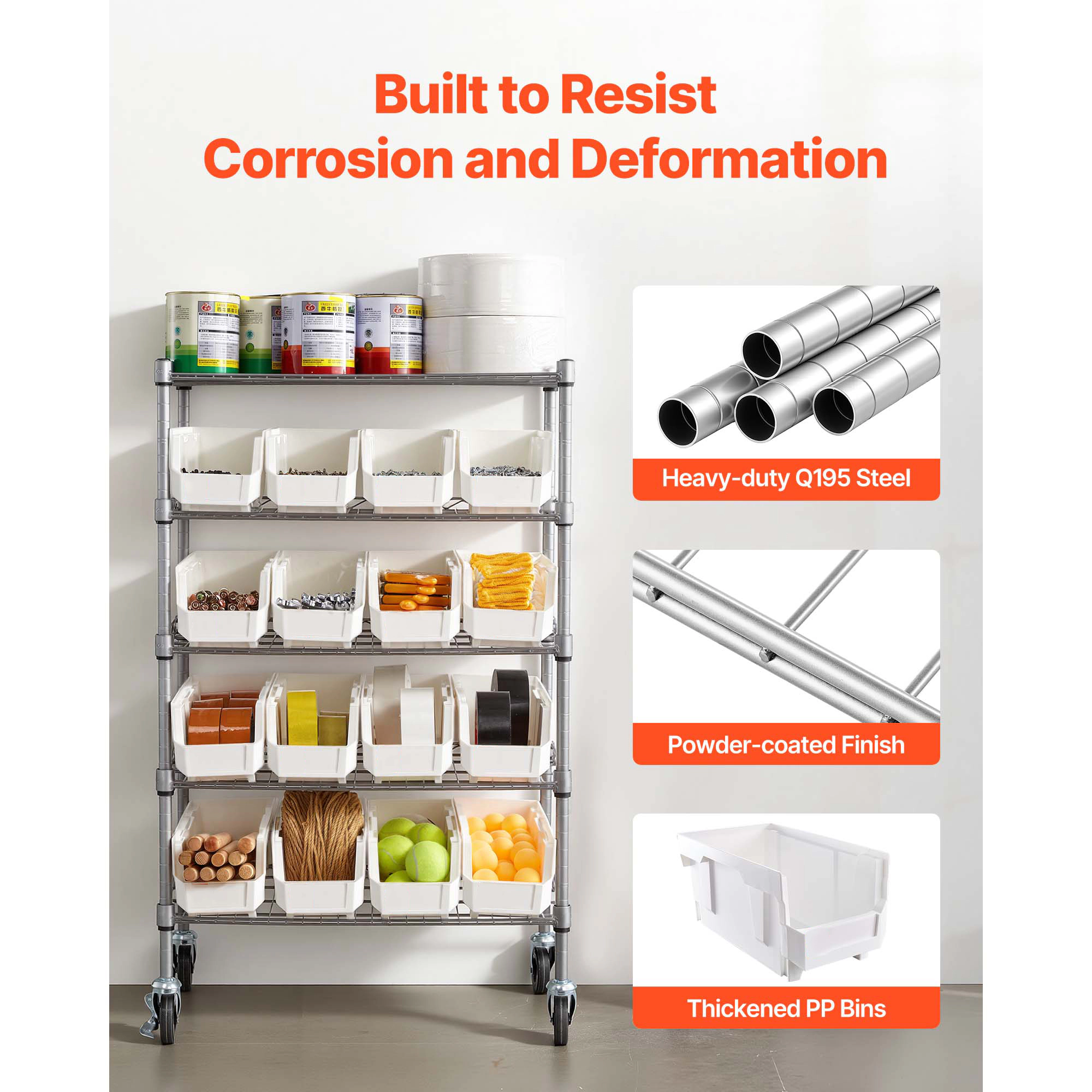 Flynama 5-Tier Rolling Bin Storage Rack with 16 Bins and Wheels, Mobile Steel Organizer for Garage, Warehouse and Office