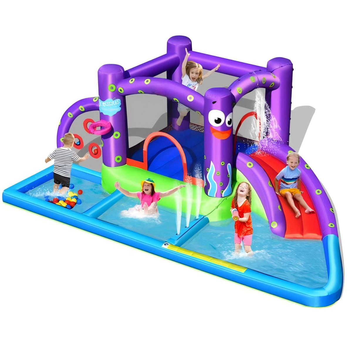 SUGIFT Octopus Inflatable Water Slide Bounce Castle with Ball Pit Splash Pool and Basketball Rim