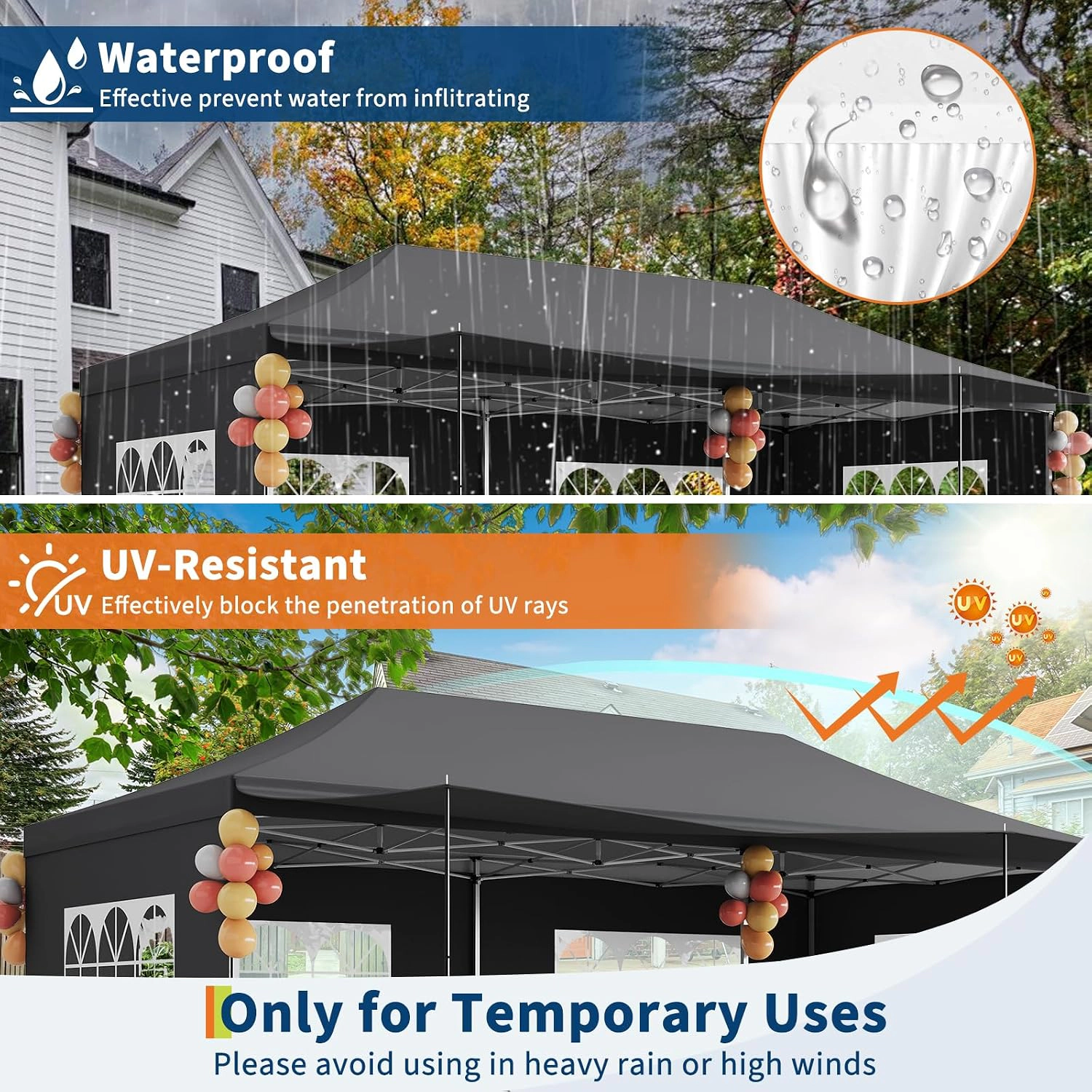 WHITE Pop Up Canopy Tent, 420D Oxford, Pointed Roof, Sidewalls with Windows, Stable Frame, Portable Carry Bag