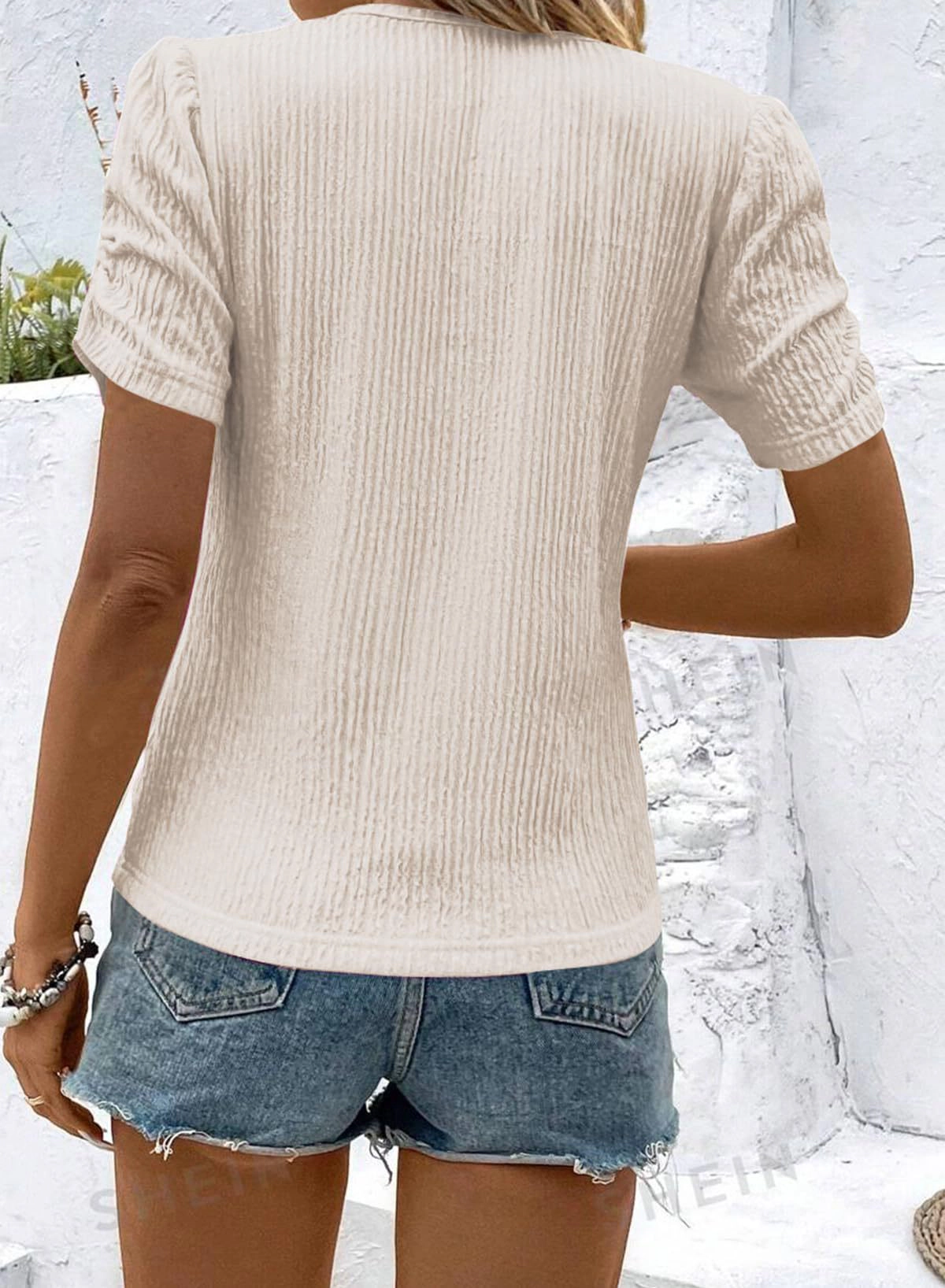 KOJOOIN Women's V‑Neck T‑Shirts Puff Short Sleeve Textured Ruched Casual Blouse Dressy Tops