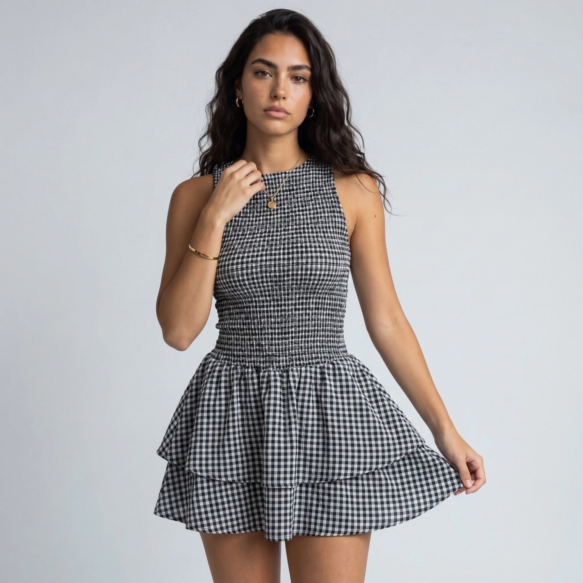 Anna-Kaci Women's Gingham Sleeveless Smocked Mini Dress with Tiered Ruffle Skirt