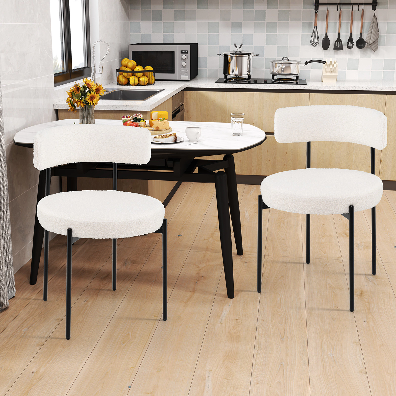 LJG Boucle Dining Chair with Curved Backrest and Metal Legs Set of 2