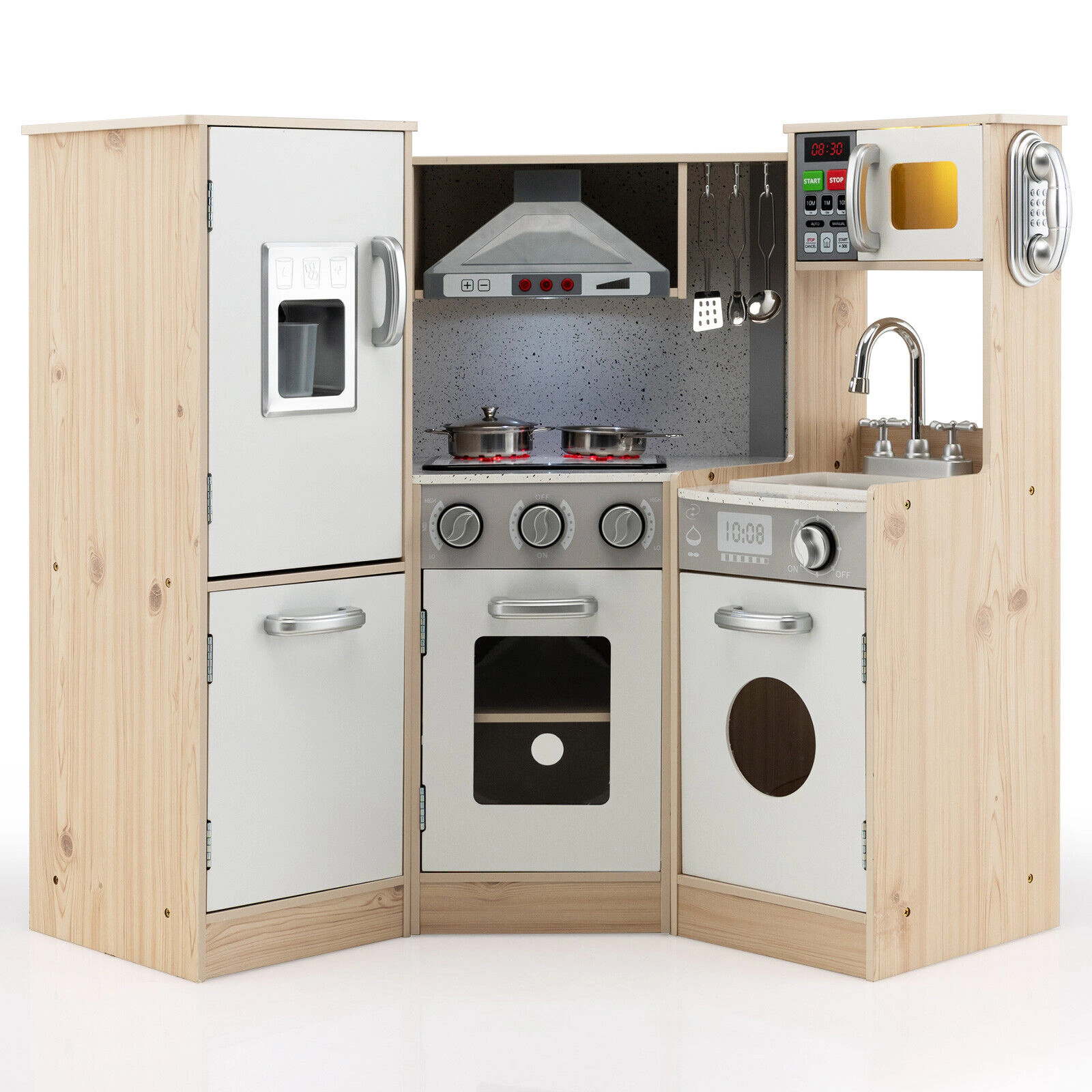 SUGIFT White and Natural Cookware Range Hood and Oven Kids Corner Wooden Kitchen Playset