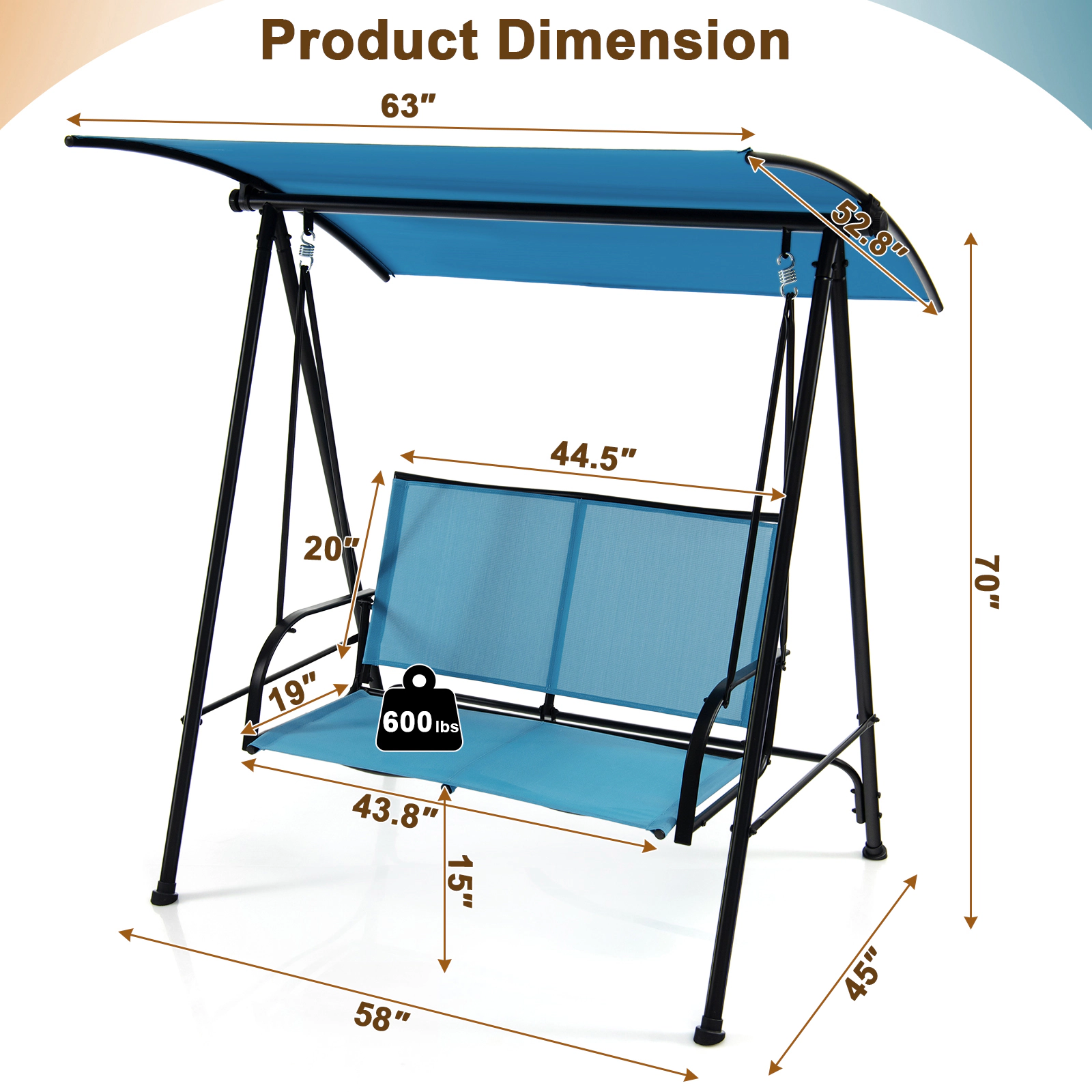 SUGIFT 2-Seat Navy Blue Outdoor Porch Swing with Canopy, 600-lb Capacity