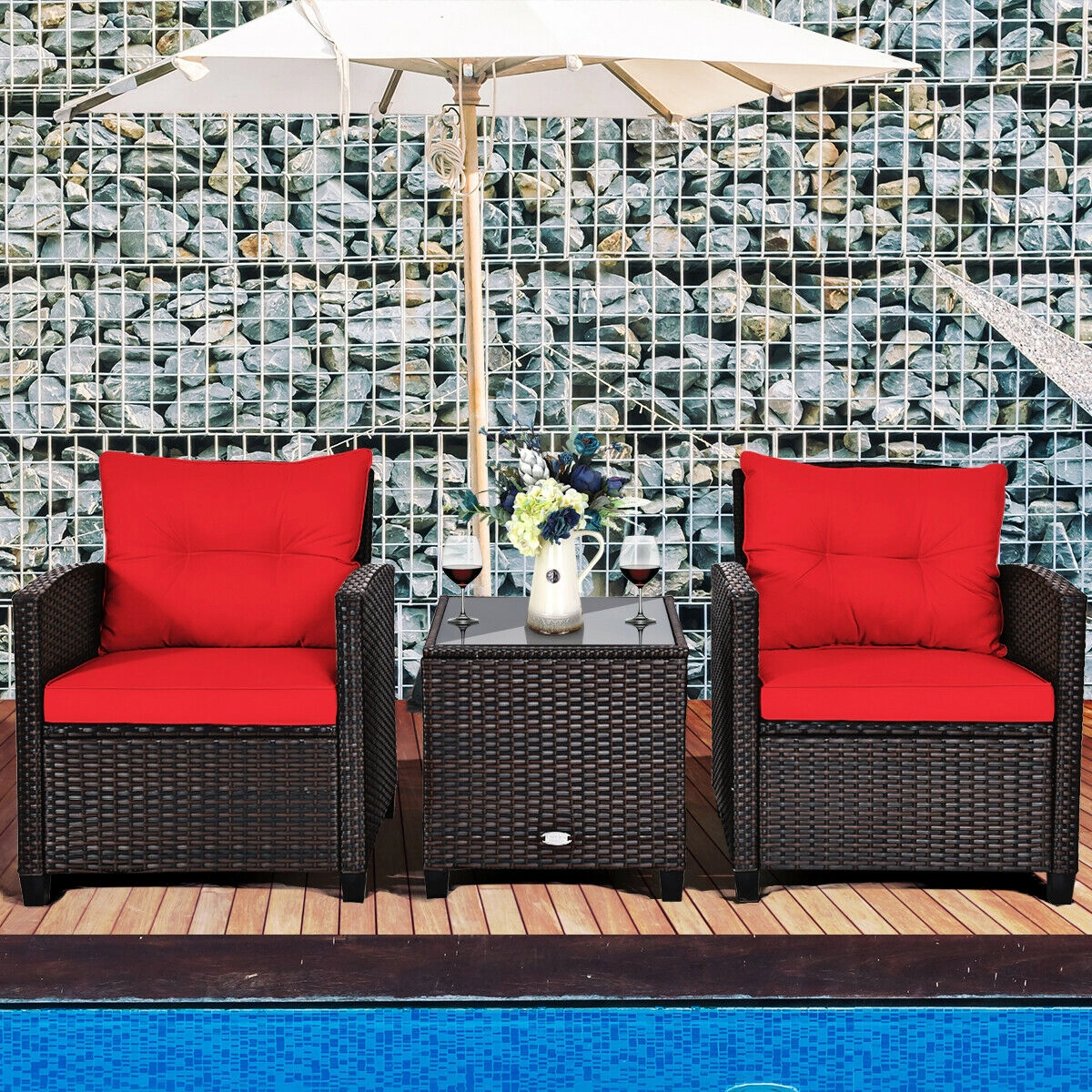 SUGIFT 3-Piece Patio Rattan Cushioned Conversation Set with Coffee Table 360-lb Chair Capacity Red