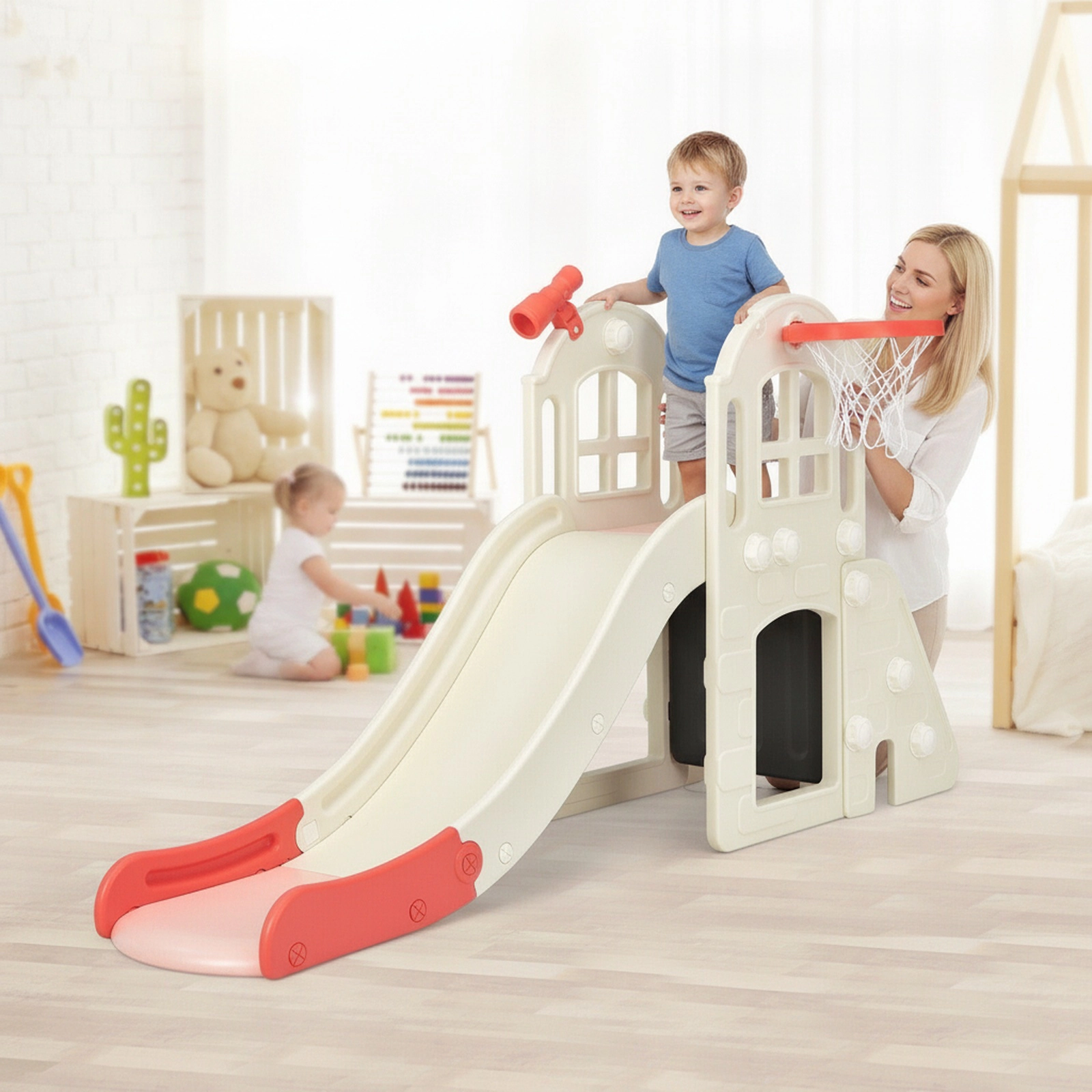 6-in-1 Large Kids Slide Climber Playset 75-in Rock Panel 2-Step Ladder Basketball Hoop 160-lb Platform Ages 3+ Pink