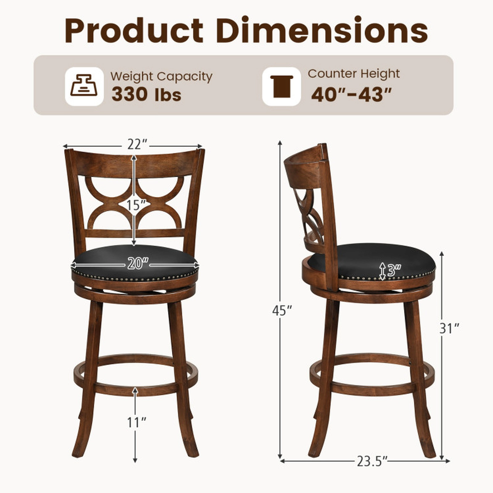 SUGIFT Set of 2 Espresso Swivel Bar Stools, High Backrest, Nailhead Trim, 26/31 in Seat Height
