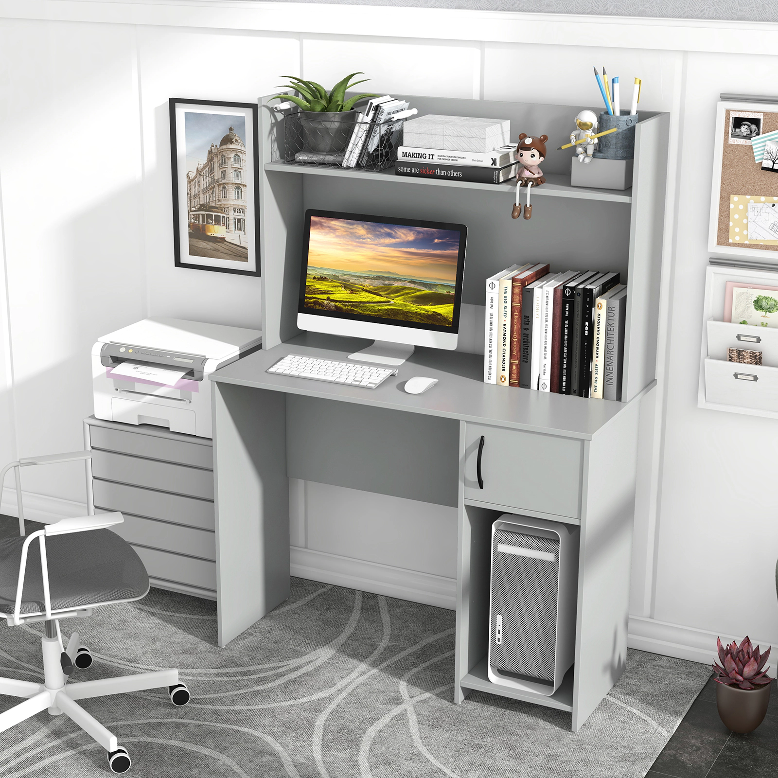 SUGIFT Gray Computer Desk with Hutch, Storage Shelves and Open Cabinet