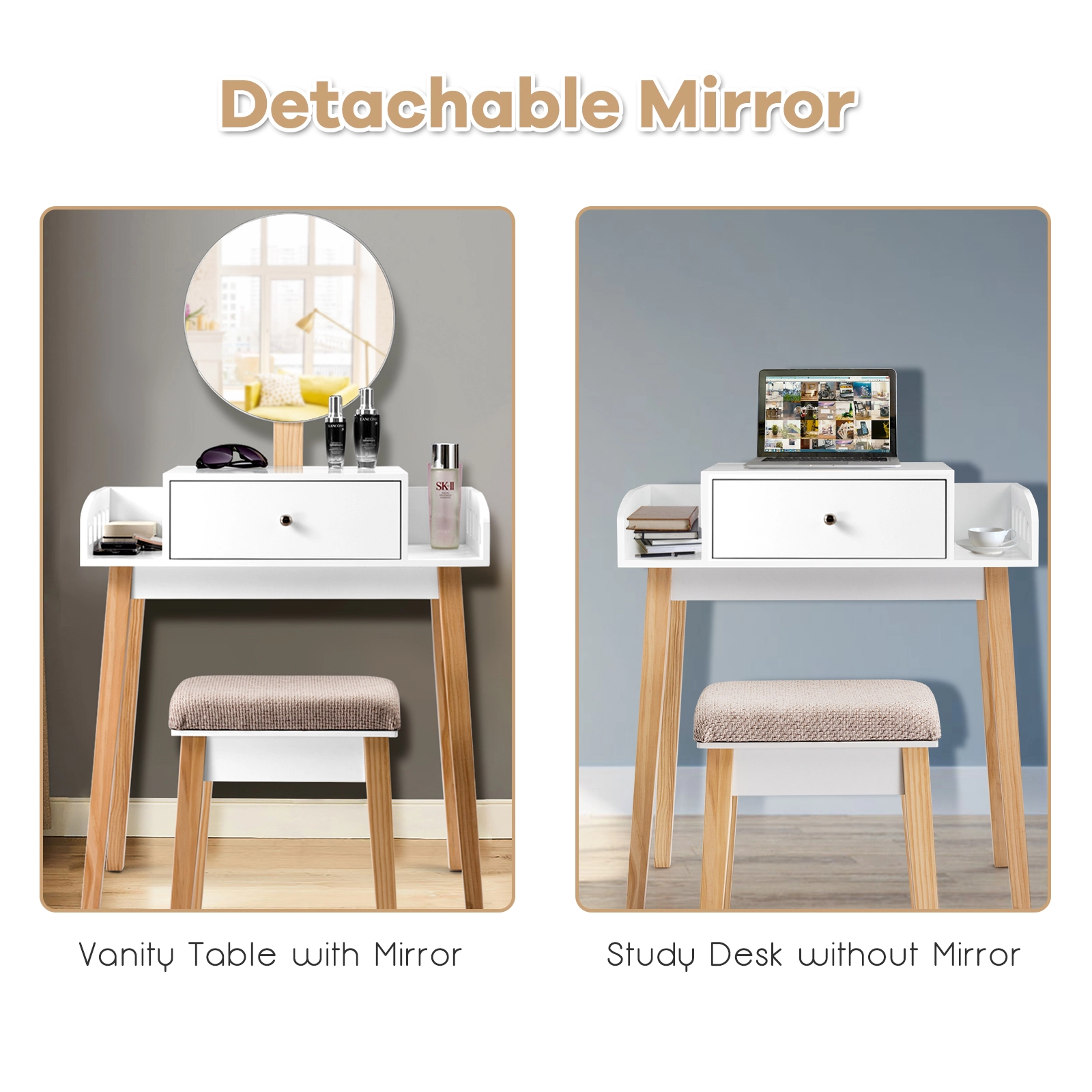 SUGIFT 2-Piece Makeup Vanity Set with 16-Inch Round Mirror and Cushioned Stool