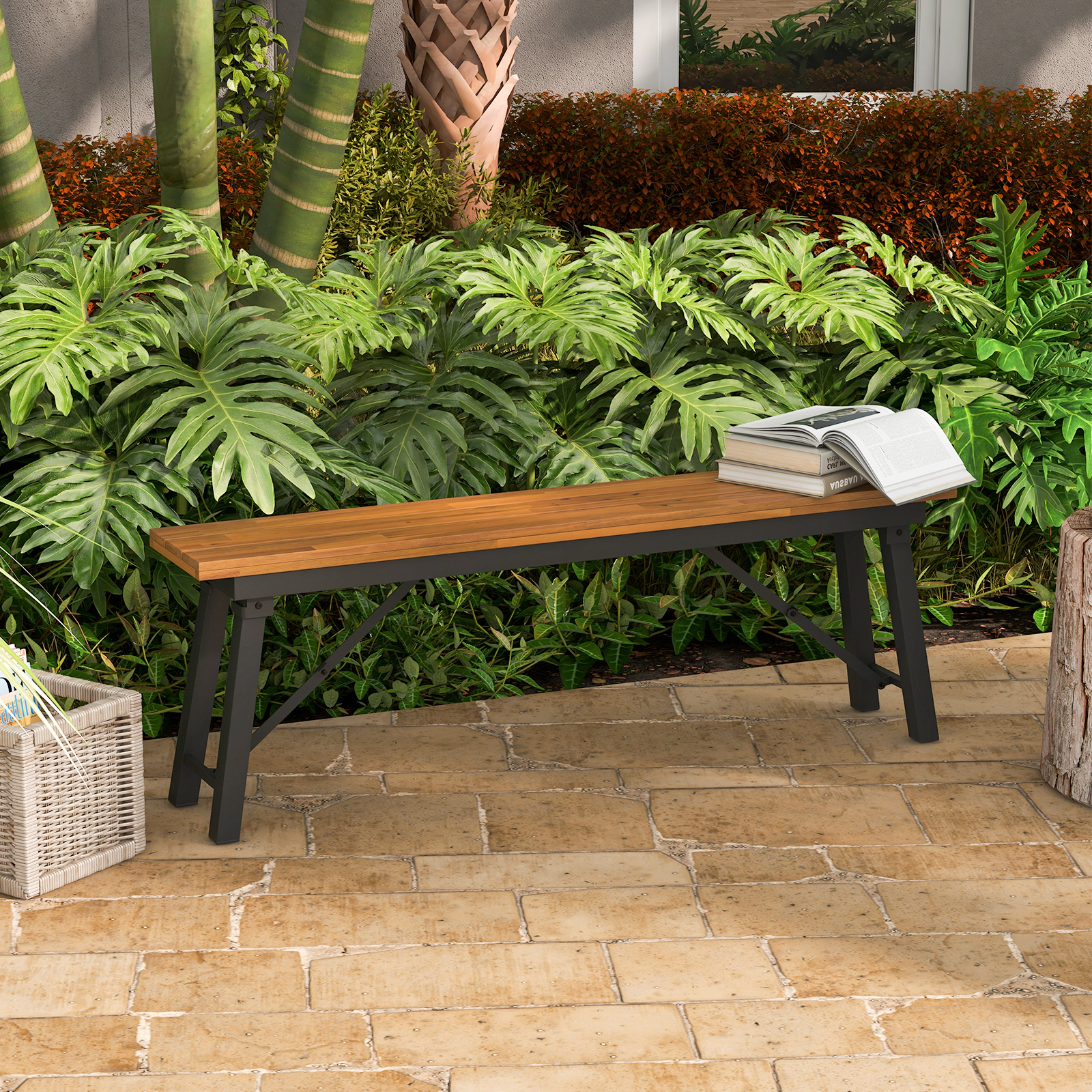 SUGIFT Folding Picnic Bench Set Acacia Wood 55 in Camping BBQ Benches with Metal Frame