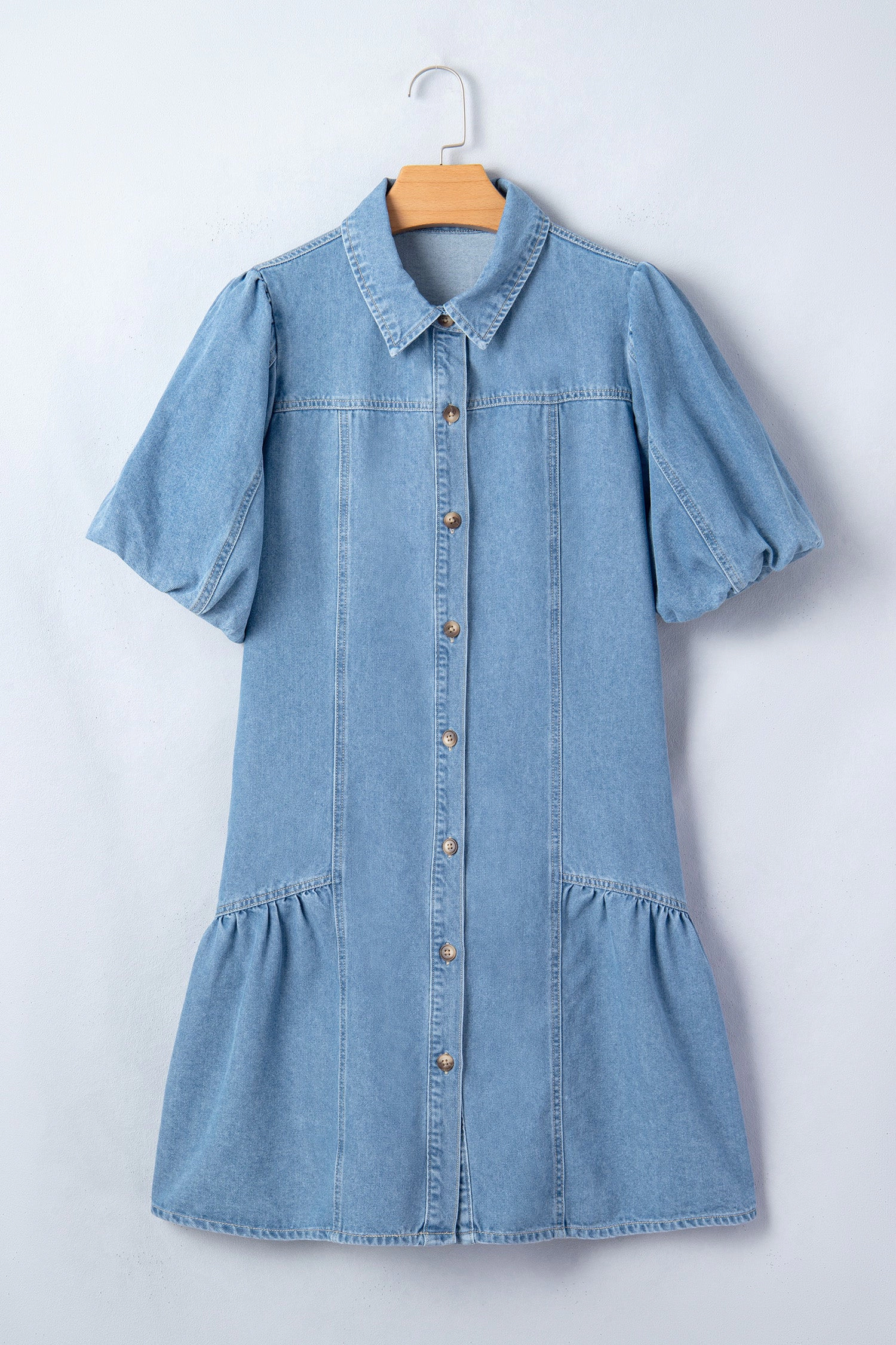 Threaded Pear Womens Joy Ruffle Hem Patchwork Denim Dress
