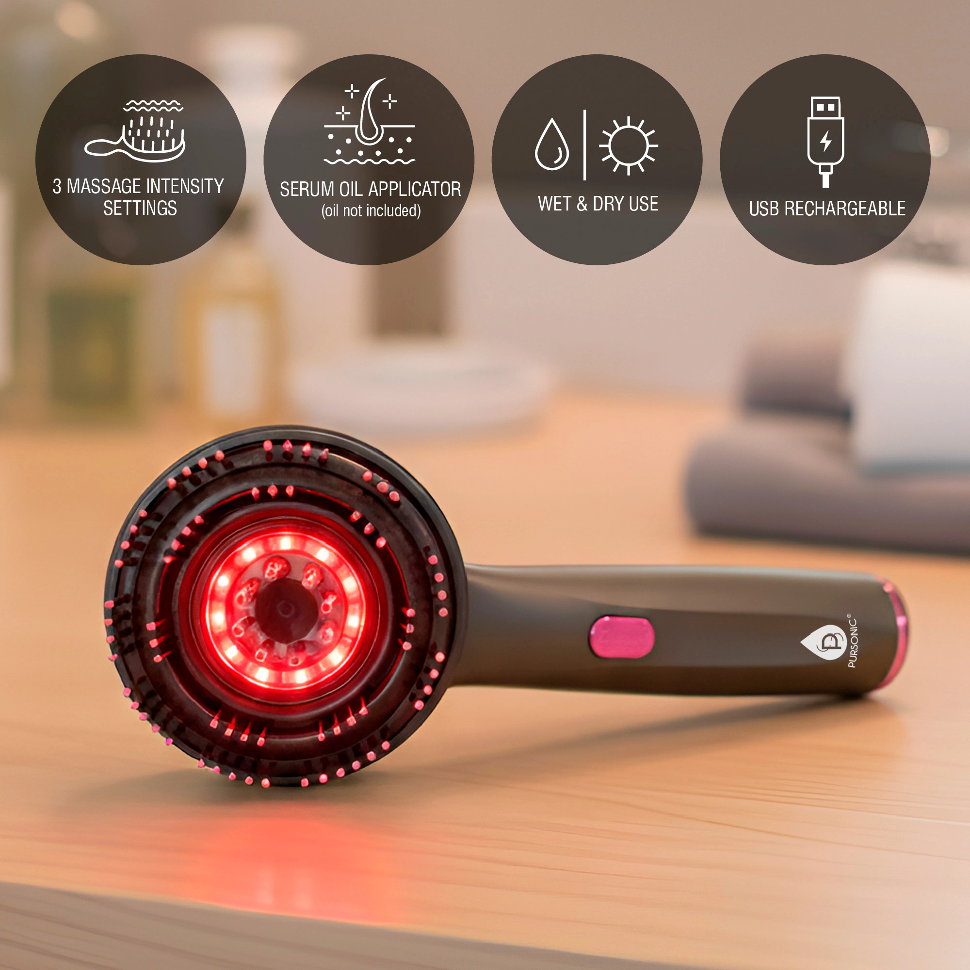 Pursonic Unisex 3-in-1 LED Therapy Scalp & Hair Treatment Brush: Red Light Growth Stimulating Massage Device
