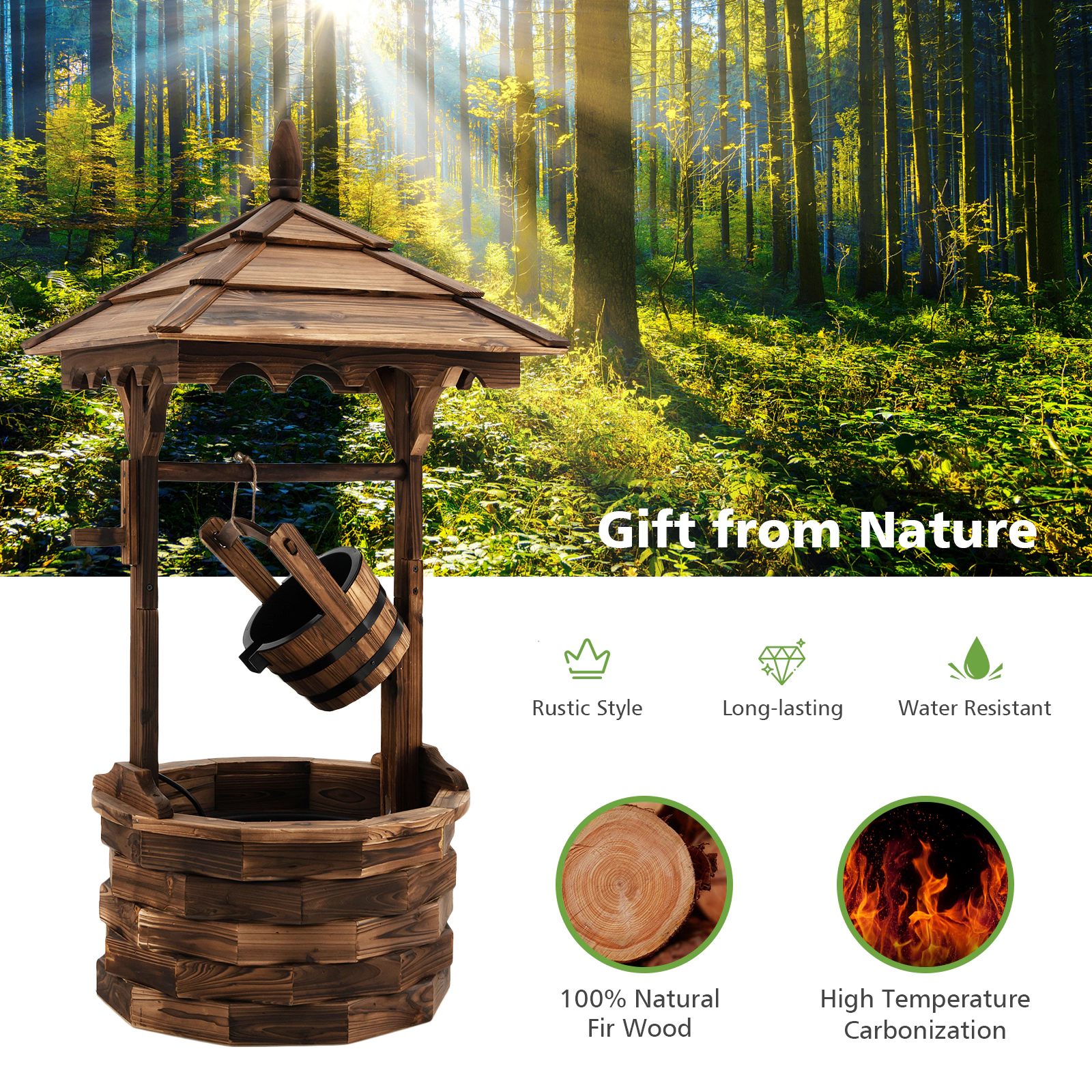 SUGIFT Patio Wooden Water Fountain Brown Wishing Well with Electric Pump