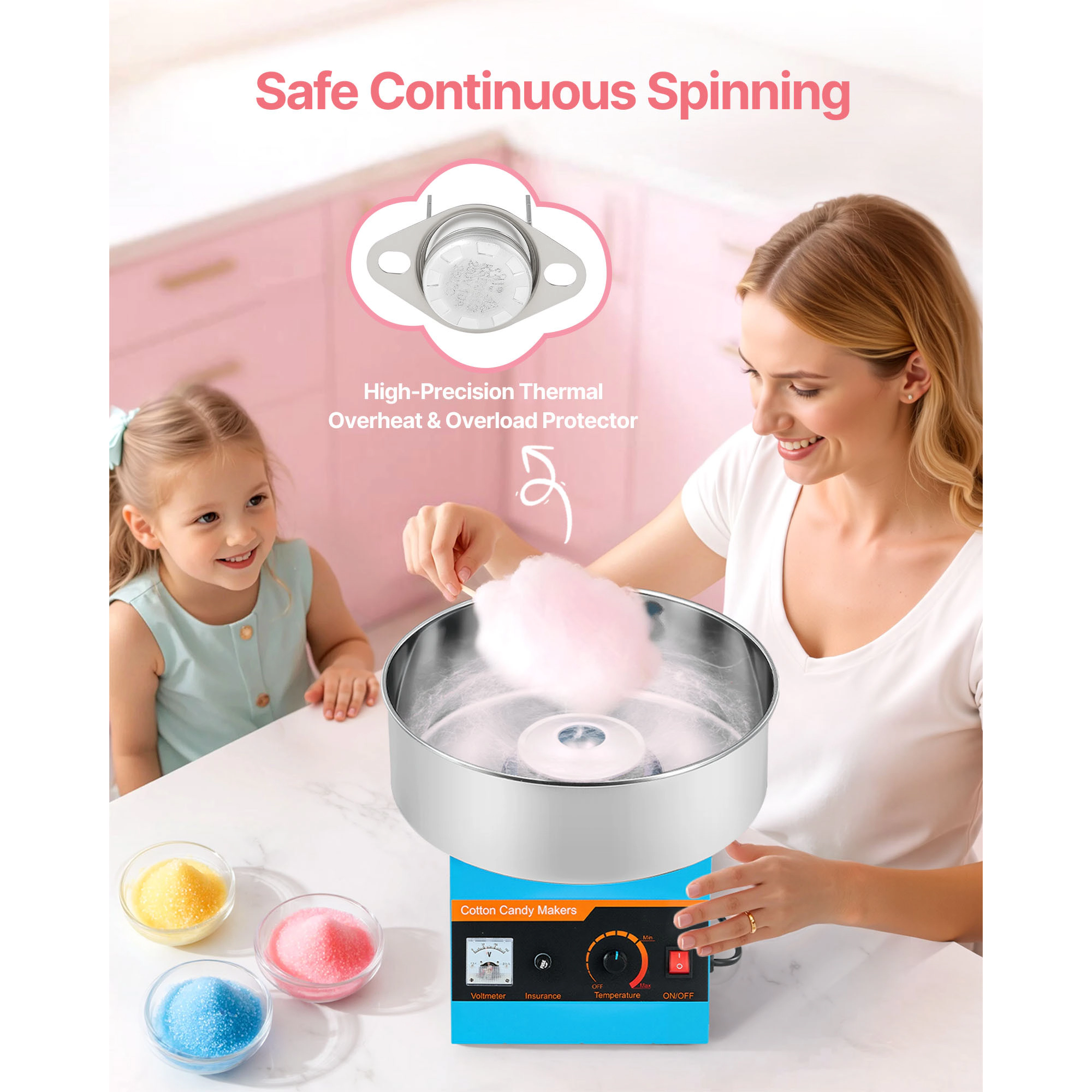 HONGGE Cotton Candy Machine Commercial 1000W Electric Floss Maker Easy Use with 15 inch Stainless Steel Bowl and