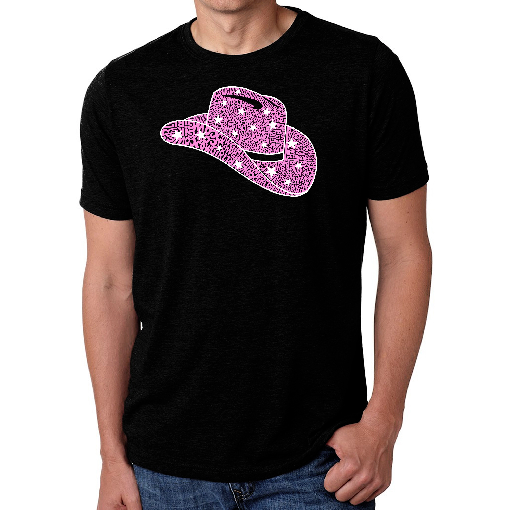 LA Pop Art Men's Cotton-Poly Word T-Shirt - Cowgirl Hat