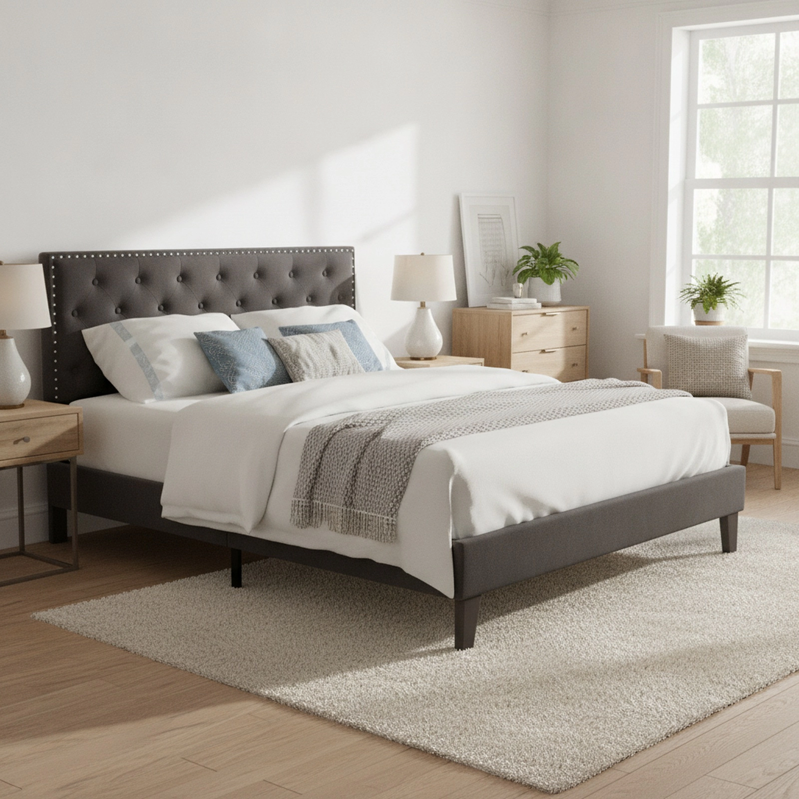 SUGIFT Queen Upholstered Platform Bed, Tufted Velvet Headboard, Metal Frame, 9 Legs, Gray
