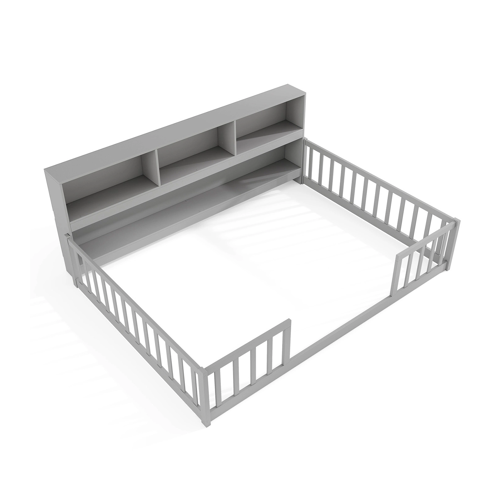 SUGIFT Gray Integrated Bookcase and Full-Length Guardrails Pine Wood Twin Kids Montessori Floor Bed