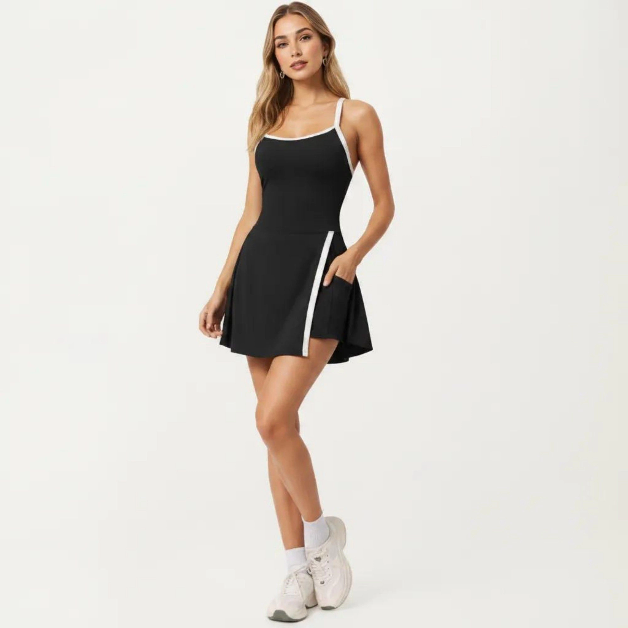 Anna-Kaci Women's Athletic Dress with Racerback Top Built-In Shorts Contrast Trim Pleated Skirt